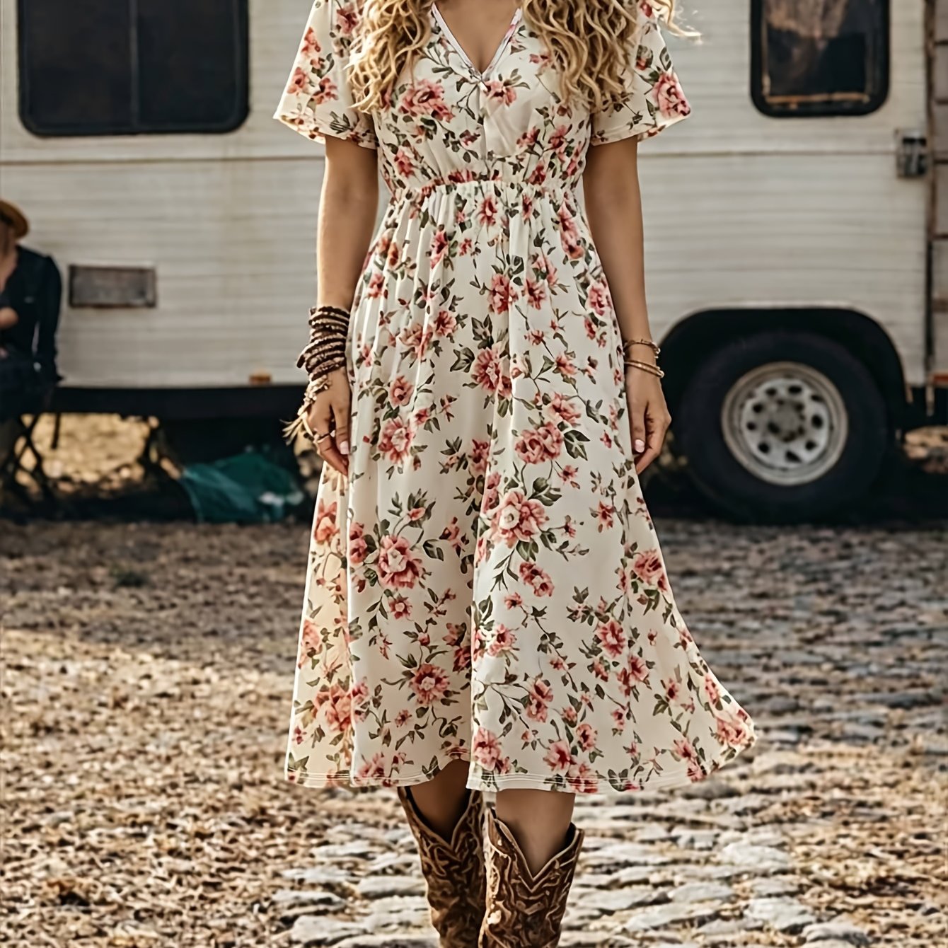 TEMU 2026 Vintage Floral Print Retro Floral V-neck Cinched Waist Midi Dress, Boho Loose A-line Style, Festival Summer New Music Festival Vacation