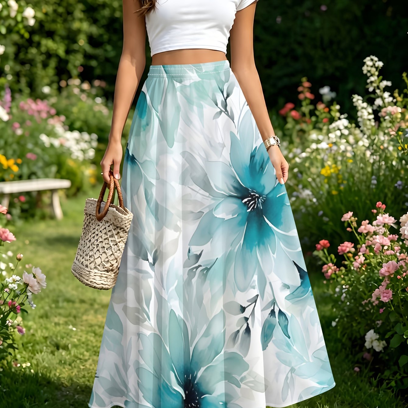 TEMU Summer Women's Teal Blue Watercolor Floral Print Skirt, Beach Loose Fit Versatile Casual Long Skirt