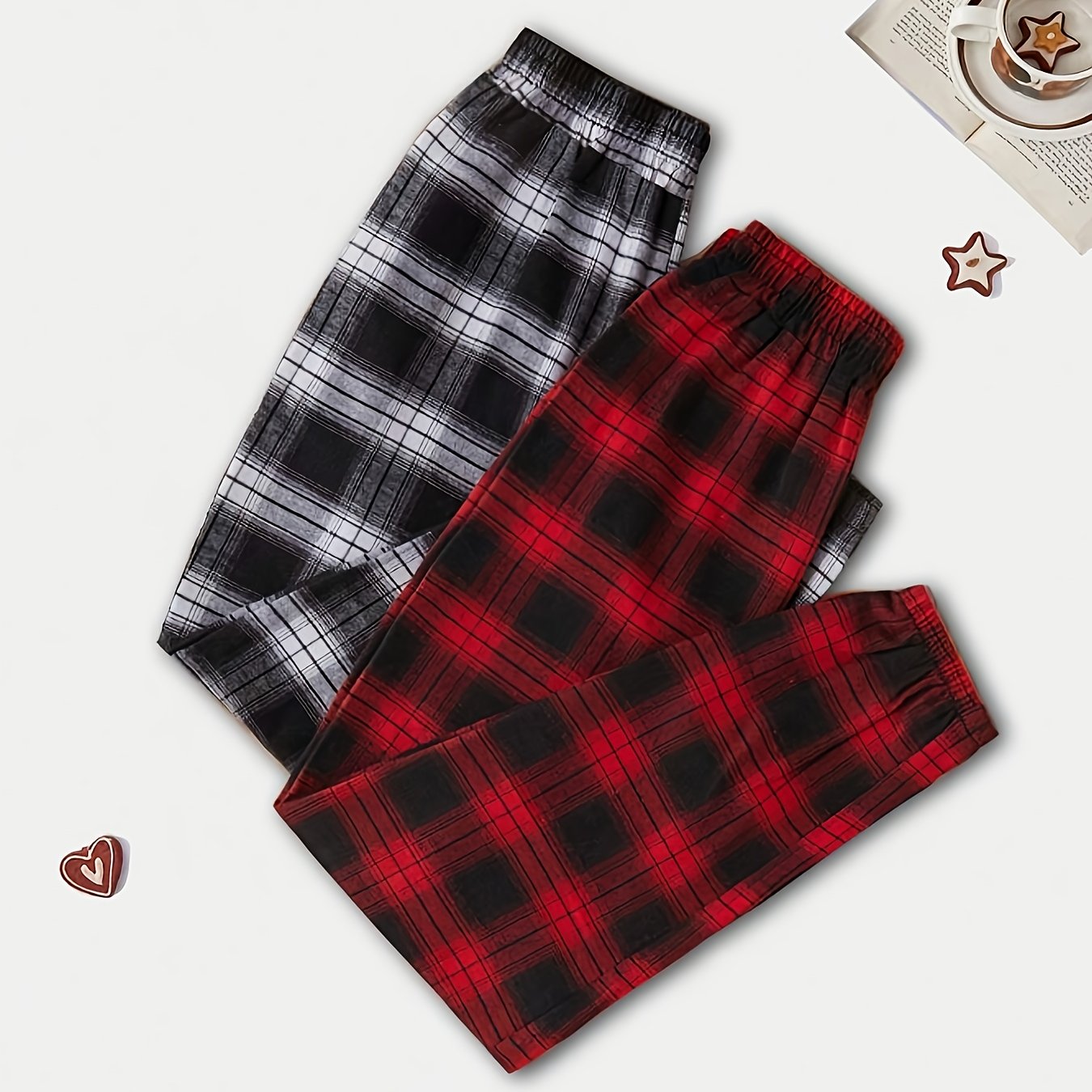 E-shop 2er-Pack Damen Freizeit Schlafhose mit elastischem Bund und lockerem Karomuster | Elegante Ganzjahres-Hausschlafhose, geeignet für Tag und Nacht