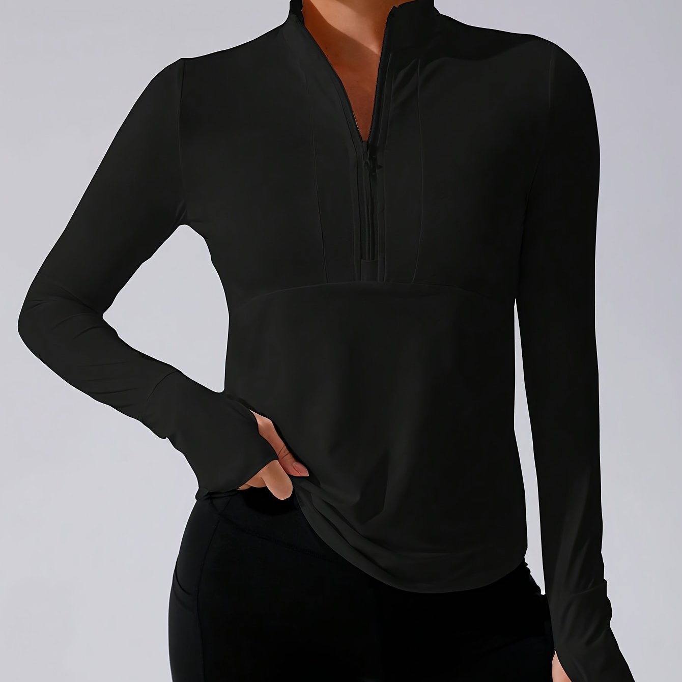 TEMU 1pc Women's Athletic Yoga Top With Half Zipper And Thumb Holes, Solid Wear, Open Front Sweater, Long Sleeve Running Training Outfit, Premium