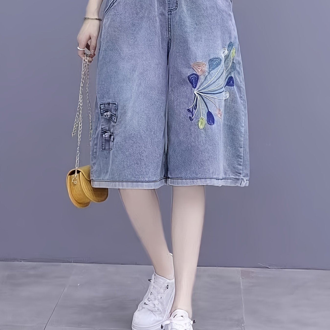 TEMU 【レトロ刺繍】レディース デニム ドパンツ、ルーズで着回し力抜群の軽量ワイドレッグパンツ、肌に優しい、年齢を隠すサマーストレートレッグショーツ