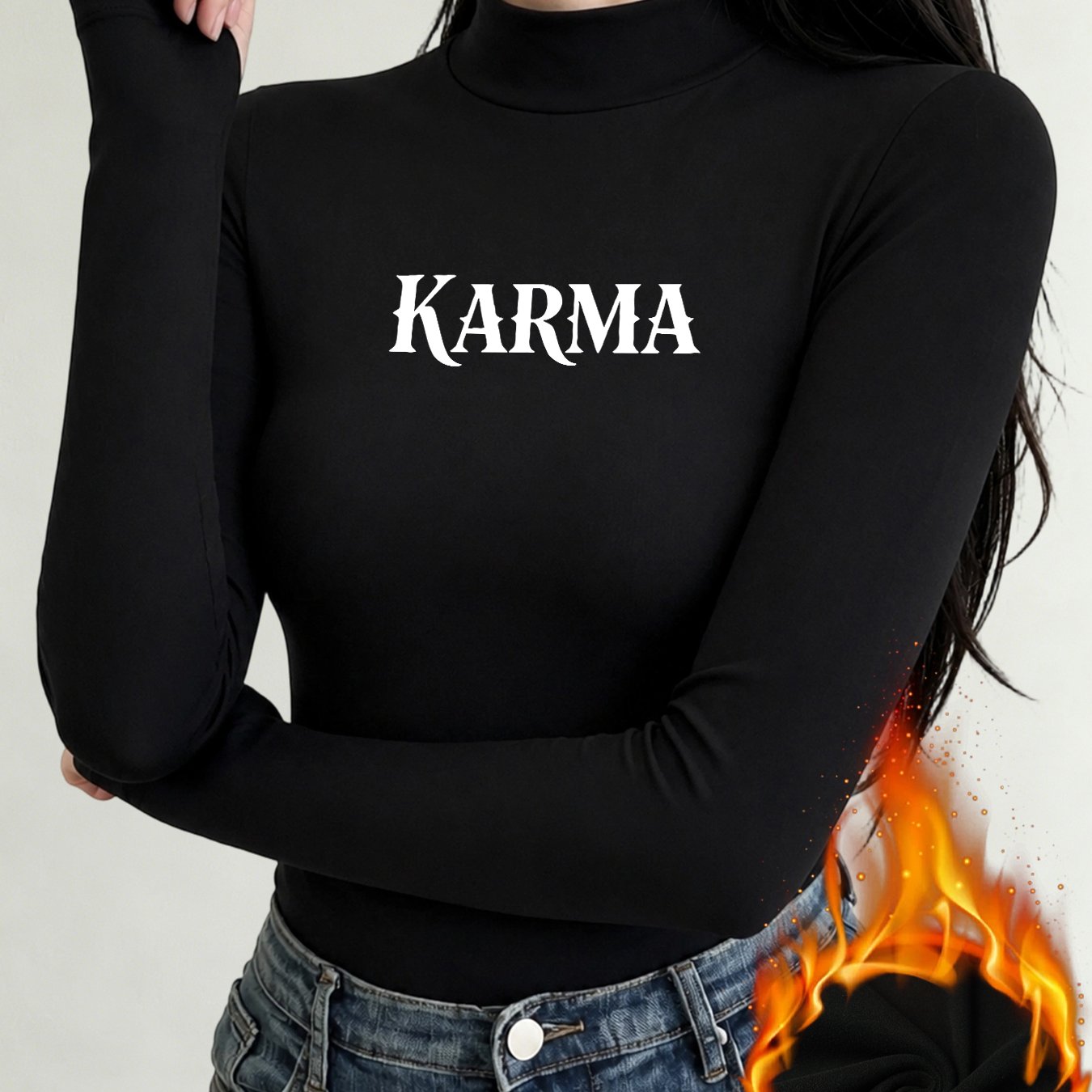TEMU Women's Karma Letter Print Mock Neck Base Layer Top, Individual Trendy , Spring Autumn -friendly Elastic Daily Outing Versatile Long Sleeve Top,
