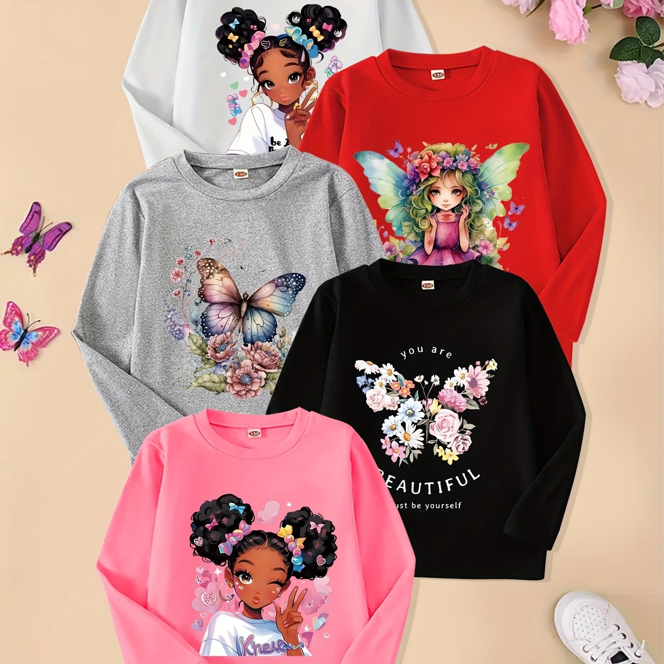 Image of 5pcs Girls' Spring/autumn/ Cute Portrait Print Comfortable Versatile Long Sleeve Soft Tops For Toddlers And Kids