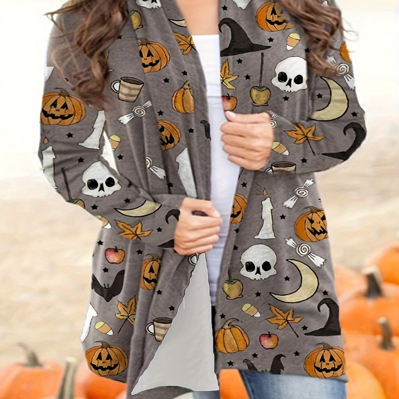TEMU Plus Size, Cross-border European And American Women's Fashion Halloween Print Long-sleeve Cardigan Top