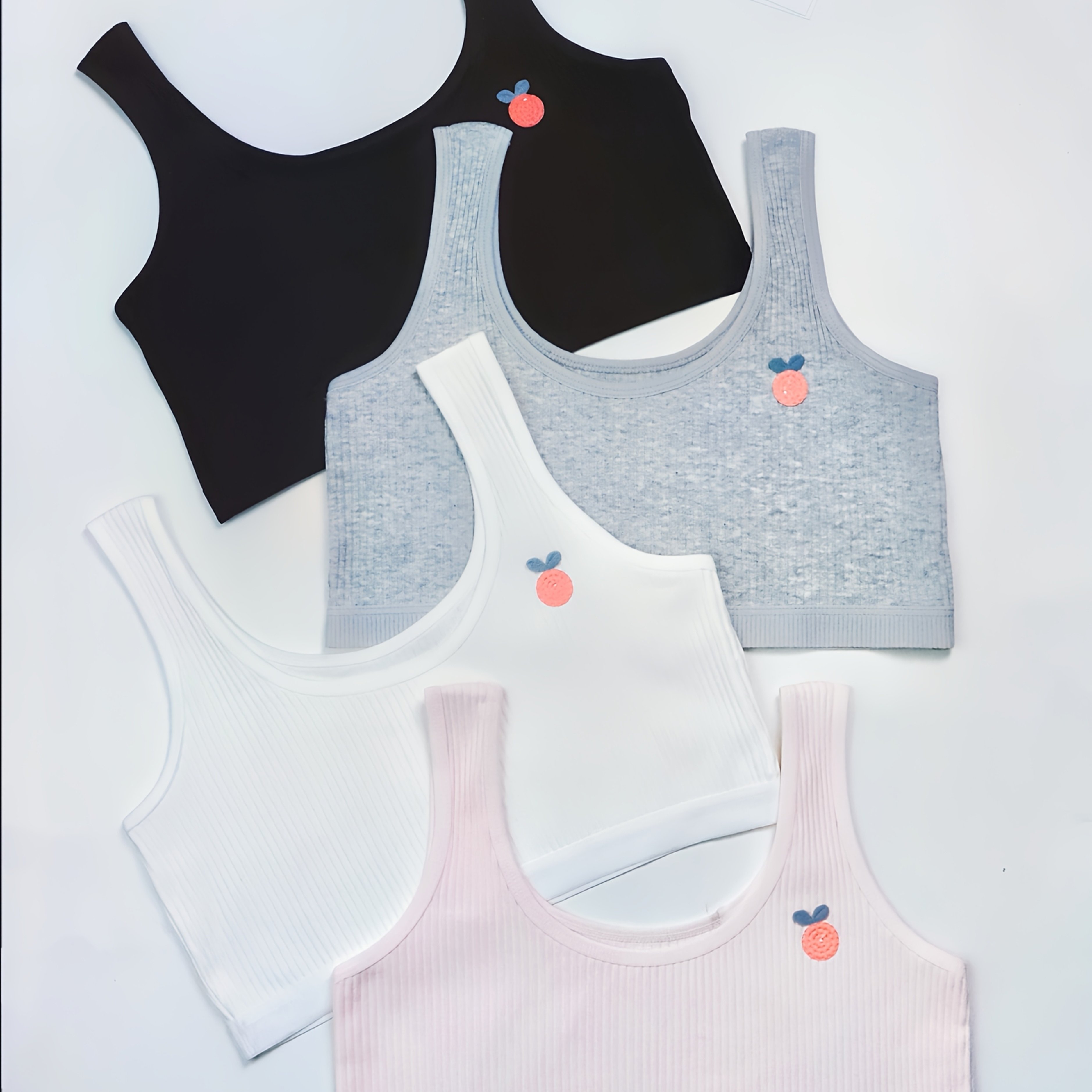 4pcs Of Adorable Strawberry-decorated Ribbed Mid-length Girl's Vests. Double-layered For , , And . Suitable For 8 - 15-year-old Girls. Wearable All Year Round, Ideal For Casual And Outdoor Activities.