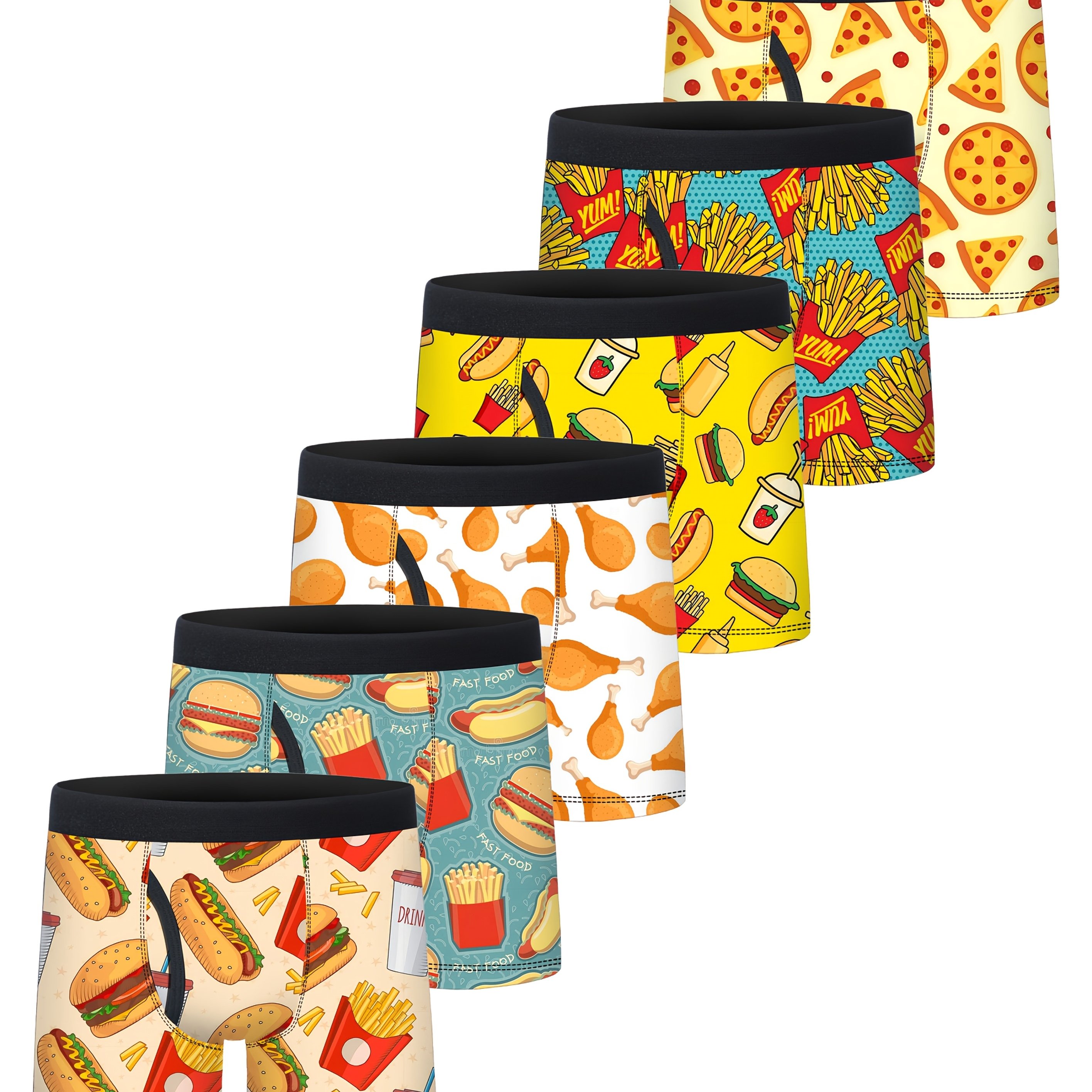 Image of 6pcs Boys' Boxer Briefs - (hamburger/fries/soda), Quick-dry Polyester Fabric, Elastic Waistband With Semi-fly Design, Daily Underwear For Children & Teens Ages 5-15