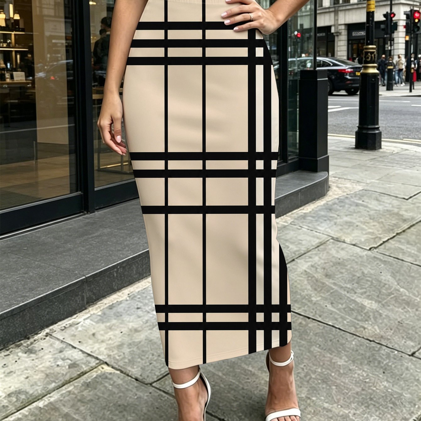 TEMU Black Plaid Womens Printed Medium To Long Tight Fitting Hip Hugging Skirt Shopping Travel Weekend Casual Wear