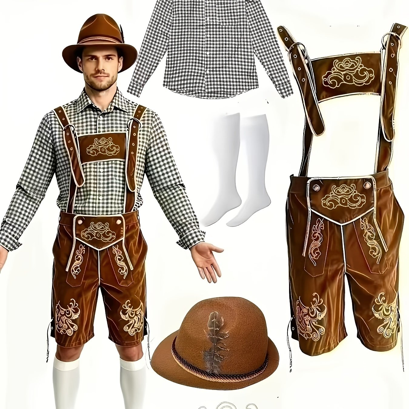 TEMU Oktoberfest Adult Men's Outfit Set [shirt, Hat, Suspenders, Knee-high Socks], Fun Munich Oktoberfest Folk Carnival Costume, Deluxe Traditional