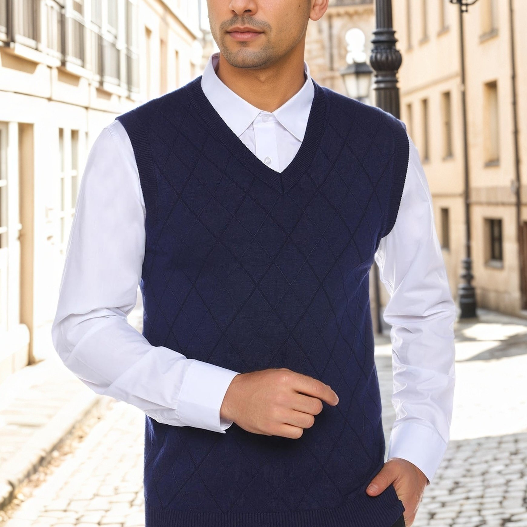 Men's Casual V-neck Fashion Plaid Knitted Sweater Vest, Regular Fit, Slightly Elastic Fabric, Embroidery Details, Pullover Style, Sleeveless For Autumn And Winter
