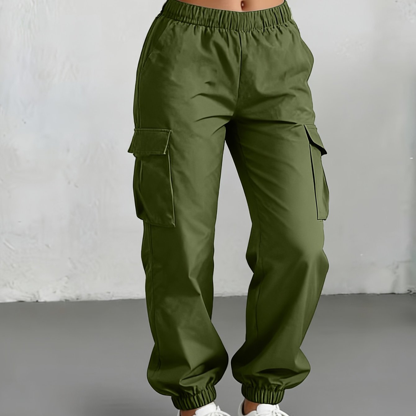 TEMU Women's High-waisted Cargo Pants With Elastic Waistband & Multi- - Loose-fit Trousers Suitable For Music Festivals,, Outdoor Wear, Machine