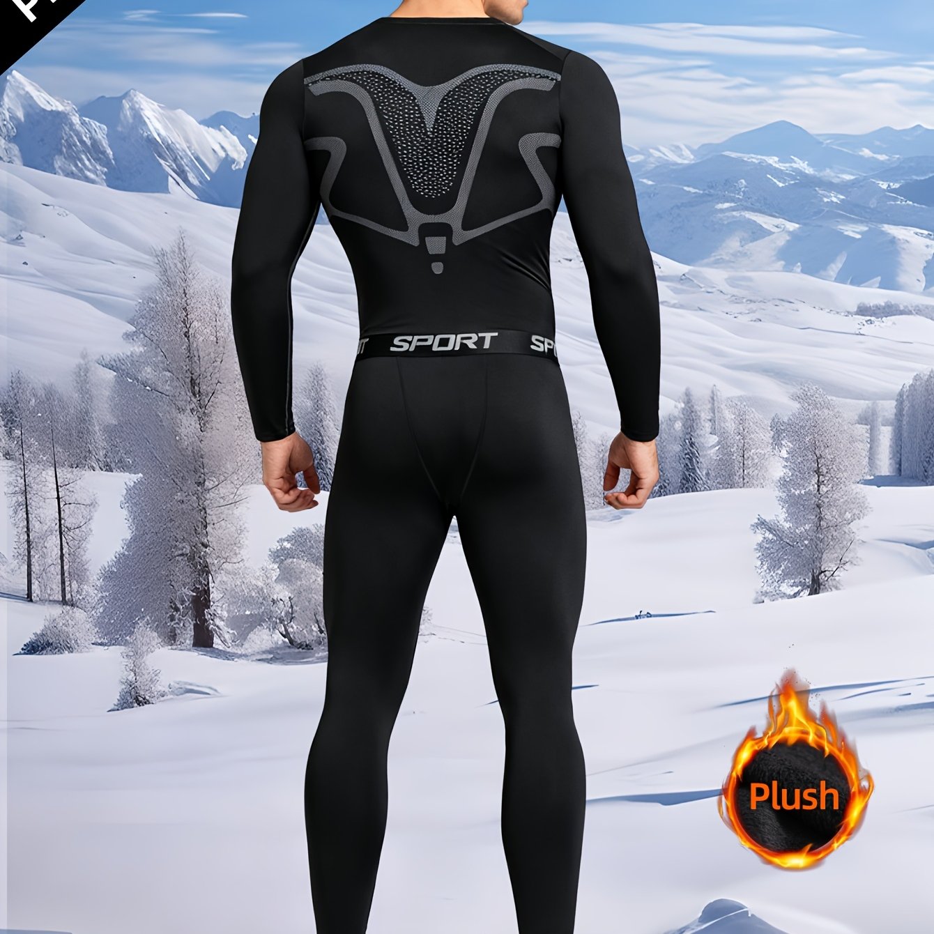 TEMU Men's 2pcs Thermal Base Layer Set - Long Sleeve T-shirt & Full-length Pants, Moisture-wicking Breathable Poly-spandex Blend, Athletic Underwear