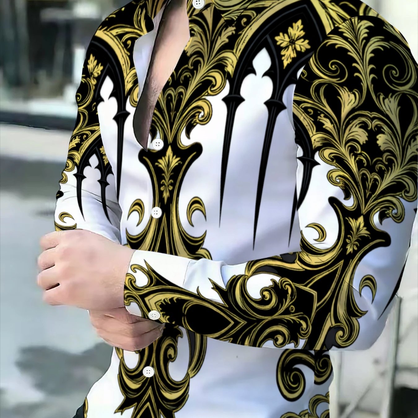 TEMU Retro Baroque Style Long Sleeve Shirt, Unisex Black And White Golden , European Exquisite Decor Top, Fashionable Individual Trendy Clothing