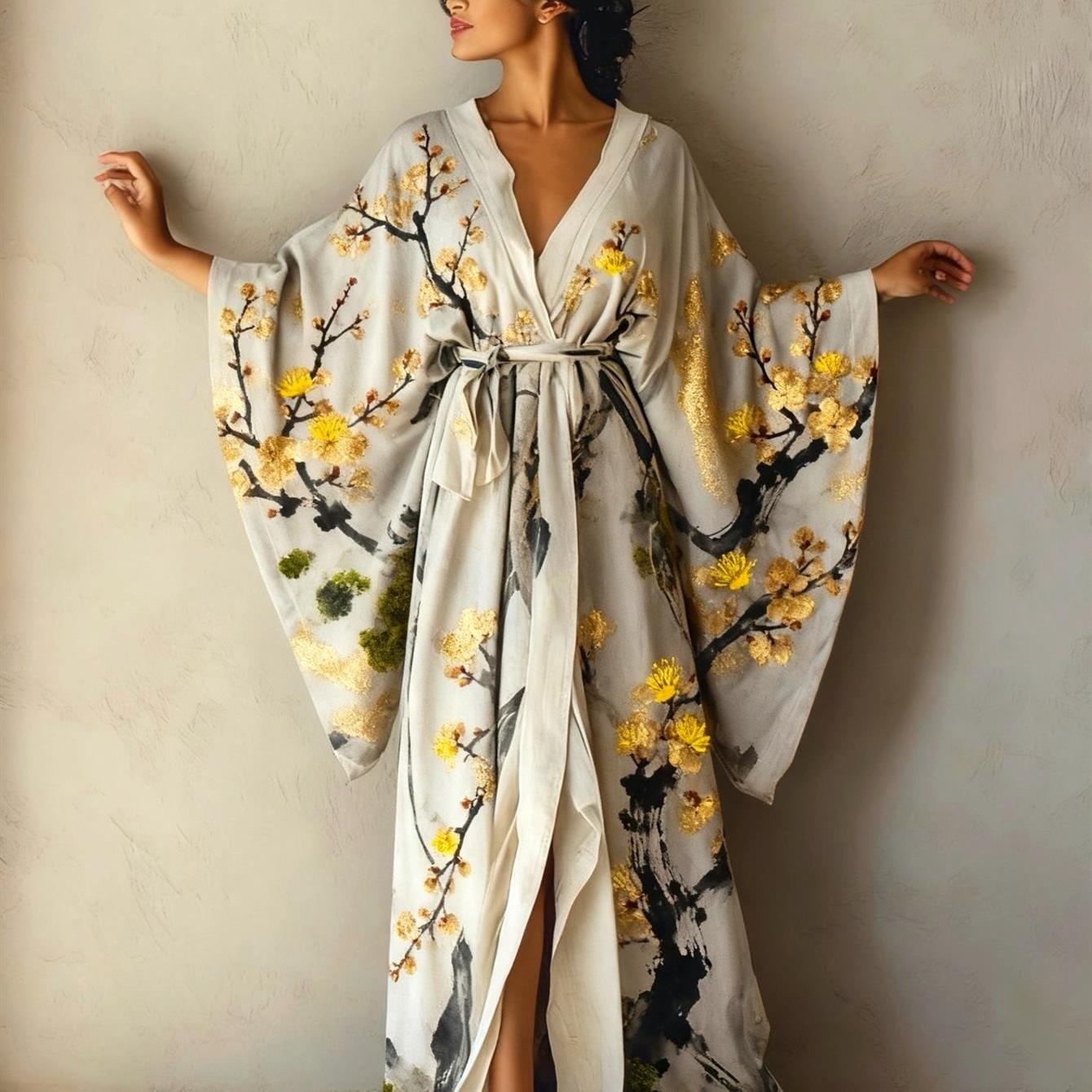 Image of Ladies' Elegant Kimono Cardigan Dress, Fashionable Yellow Floral Print, Deep V-neck Robe, Tied Waistband, Suitable For Daily Beach Vacations And Festive Gatherings, Women's Home Robe Bathrobe