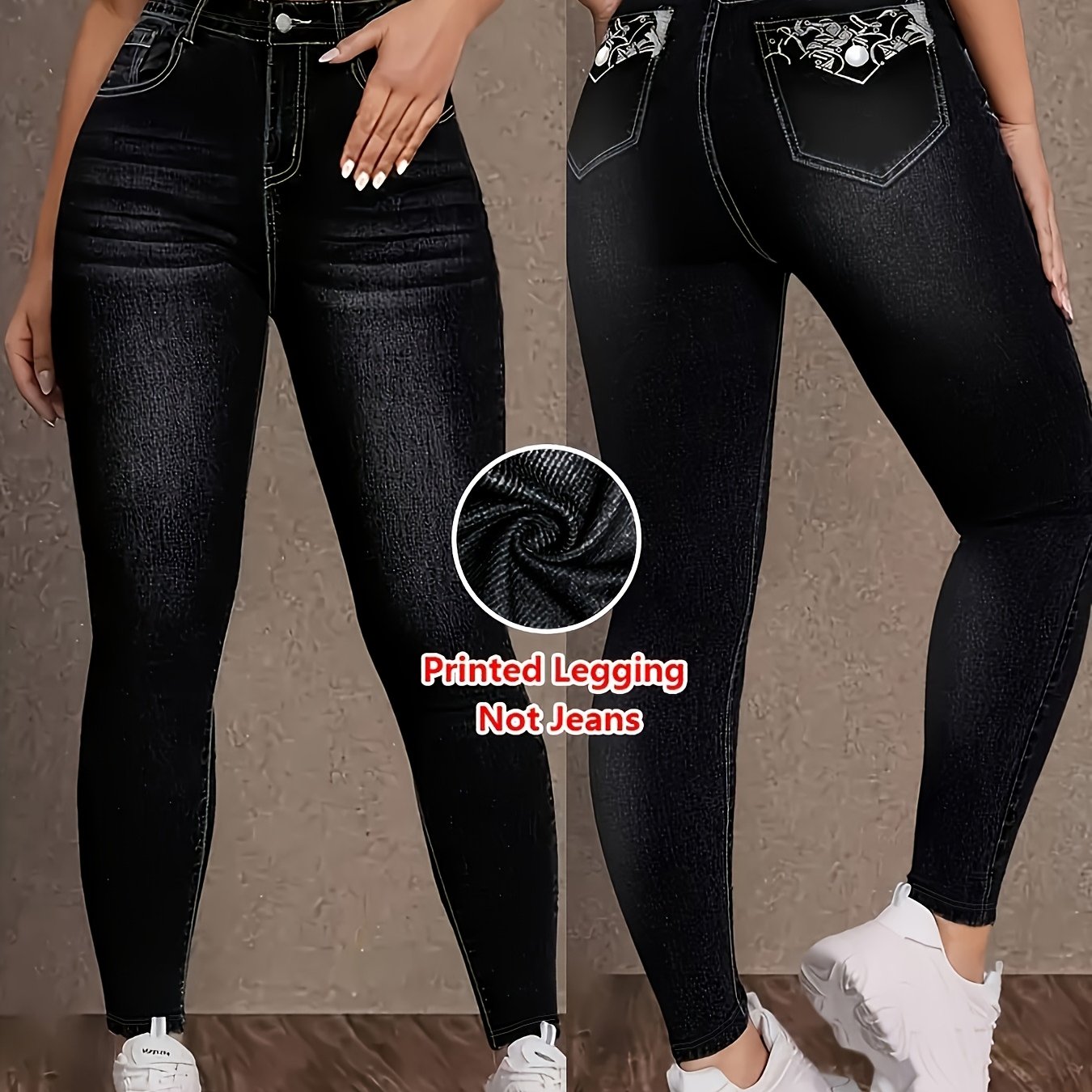 TEMU Leggings estampados de de mezclilla para mujer, pantalones casuales de capa base mezclilla