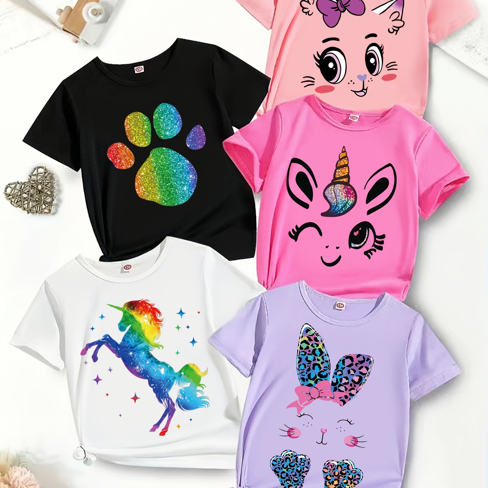 Image of 5pcs Fashionable Short Sleeved T-shirt For Girls, Comfortable Polyester Fiber Casual Summer Top With Fun Cartoon Pattern Print