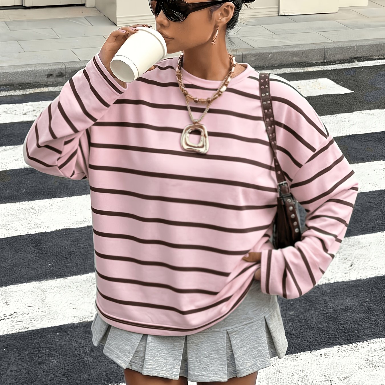 TEMU Women's Casual Striped Crew Neck Long Sleeve T-shirt - Loose Layer -compatible Suitable For Spring Summer Fall Layering, , Non-sheer Opaque