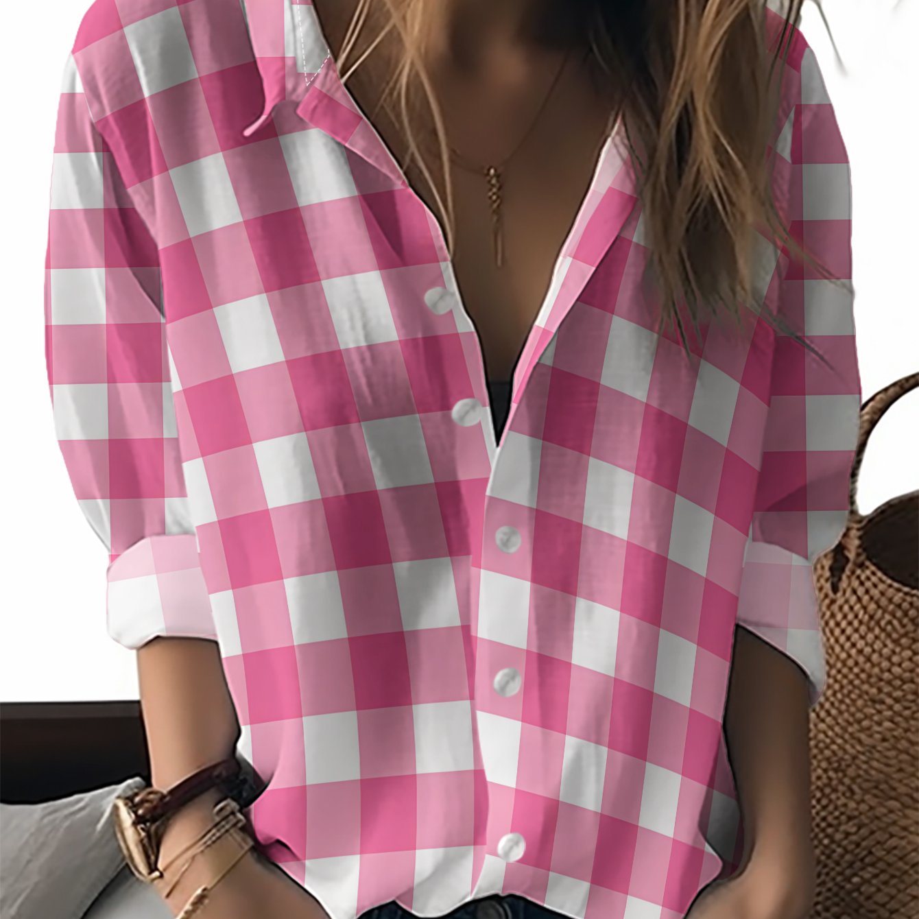 TEMU New Women's Long Sleeve Shirt - And White , Bright Colors, Fresh And Pattern, Versatile Casual Top For Holidays, Parties, And Commuting, Machine