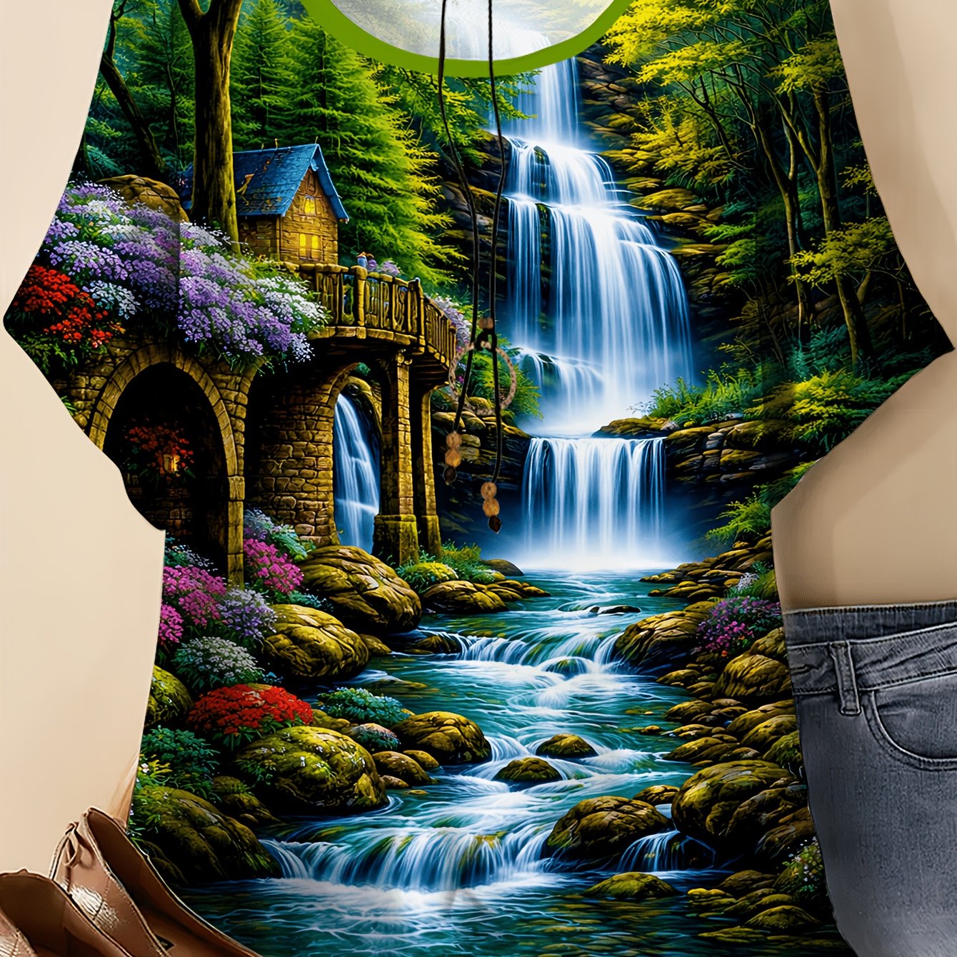 TEMU Plus Size, Plus Size Women's Stretch T-shirt Suitable For Summer - Round Neck Short Sleeve Blouse Top With Chinese Landscape Print, Casual
