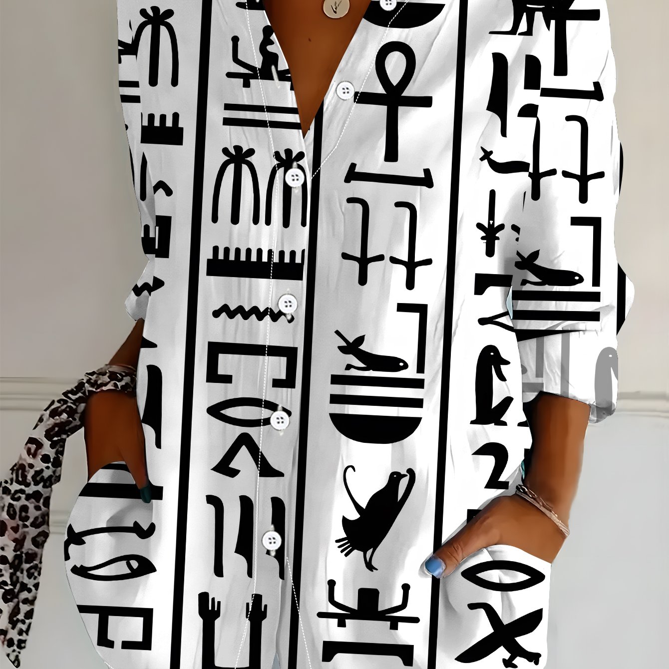 TEMU Plus Size, Plus Size Women's Long Sleeve Shirt, Egyptian Loose Fit Printed Blouse, Mysterious Symbol Pattern Midi-length Long Sleeve Lapel Shirt