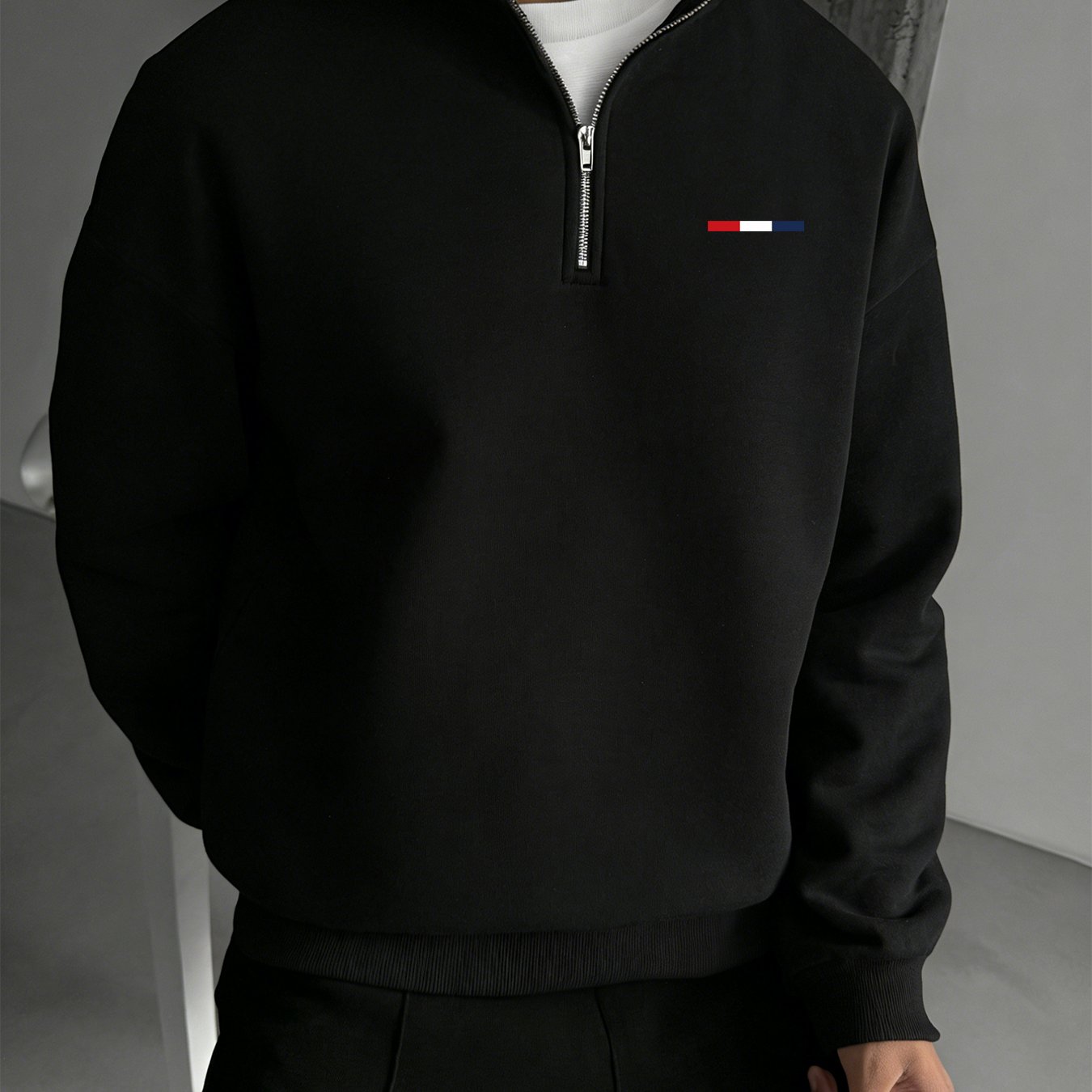 TEMU Red, White, And Blue Striped Men's Half-zip Sweatshirt, Simple And Stylish Printed Collar Sweatshirt, Casual Long-sleeve Collar Sweatshirt For