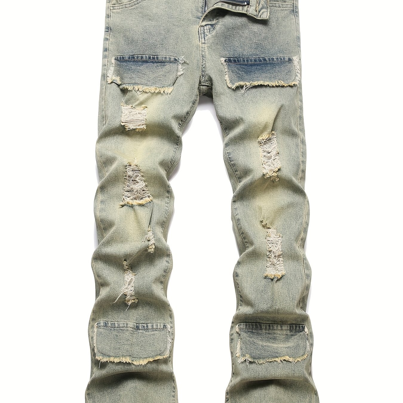 TEMU Men's Fashionable Straight-leg Denim Pants With Stretchy Ripped Detailing, Light Green Washed Microflared Design, Comfortable Street Style For