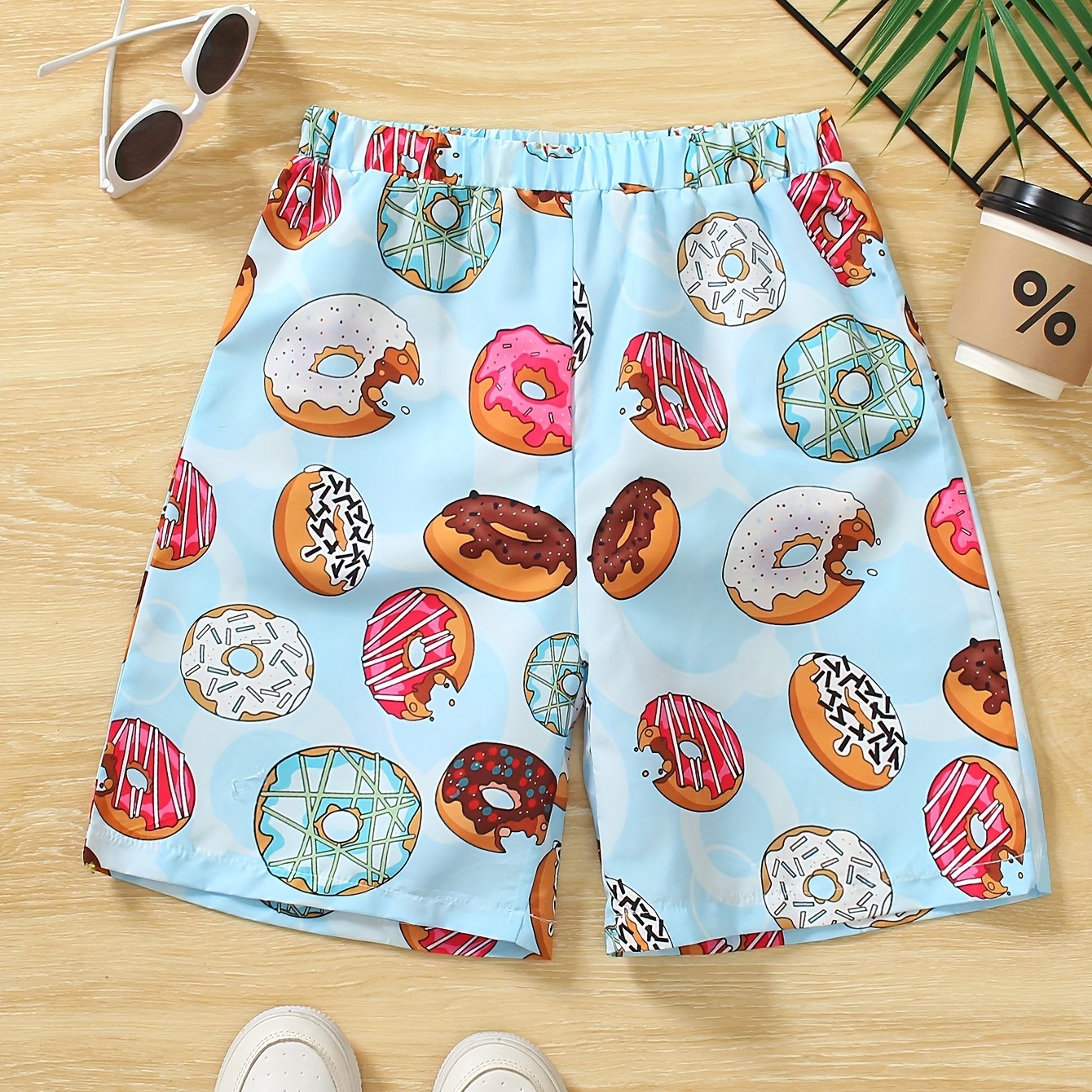 Boys' Bohemian-style Doughnut Printed Beach Shorts - Quick-drying And Breathable, With An Elastic Belt, For Summer Fun