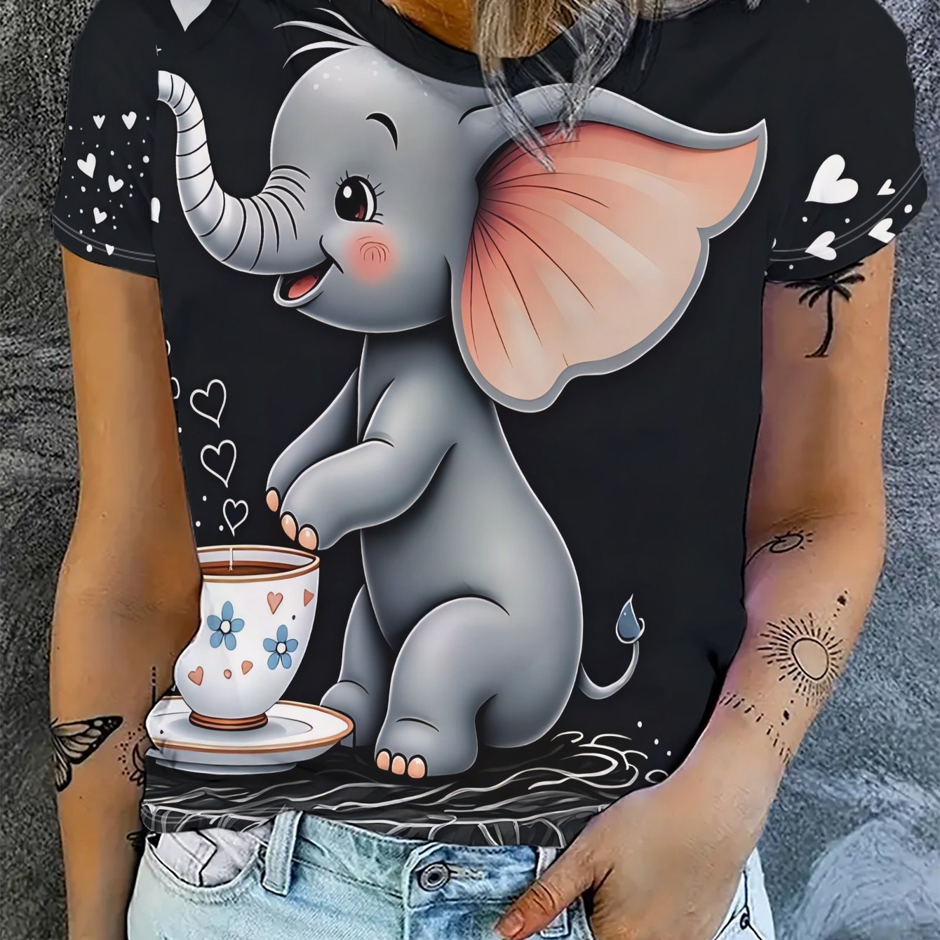 TEMU Women's Casual Summer Short Sleeve T-shirt - Cute Elephant Print Round Neck Top Suitable For Hot Weather - Breathable Casual Attire & Outdoor -