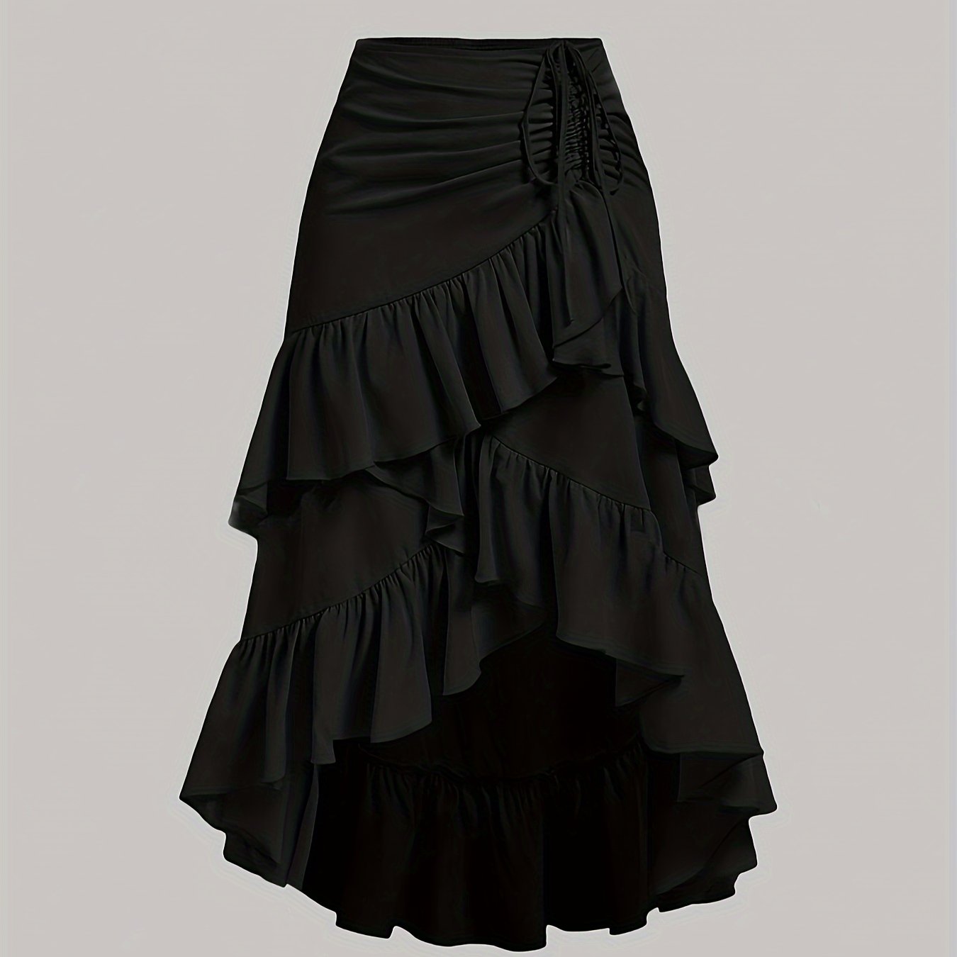 TEMU Women's Summer Black High-low Hem Skirt, Drawstring Layered Skirt, Party Dress, Lunch Dress.