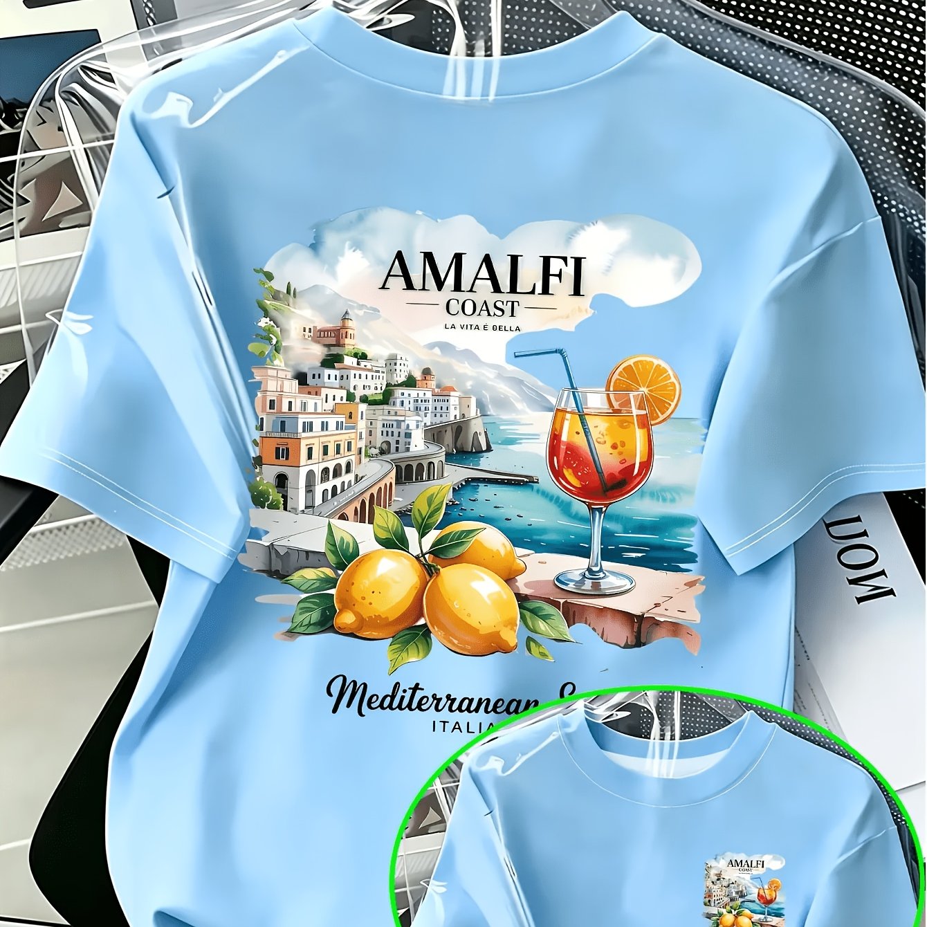 TEMU Men's Plus Size Short Sleeve Crew Neck T-shirt, Niche , Amalfi Lettering Amalfi Print, Mediterranean-inspired Lemon Cocktail Element Print,