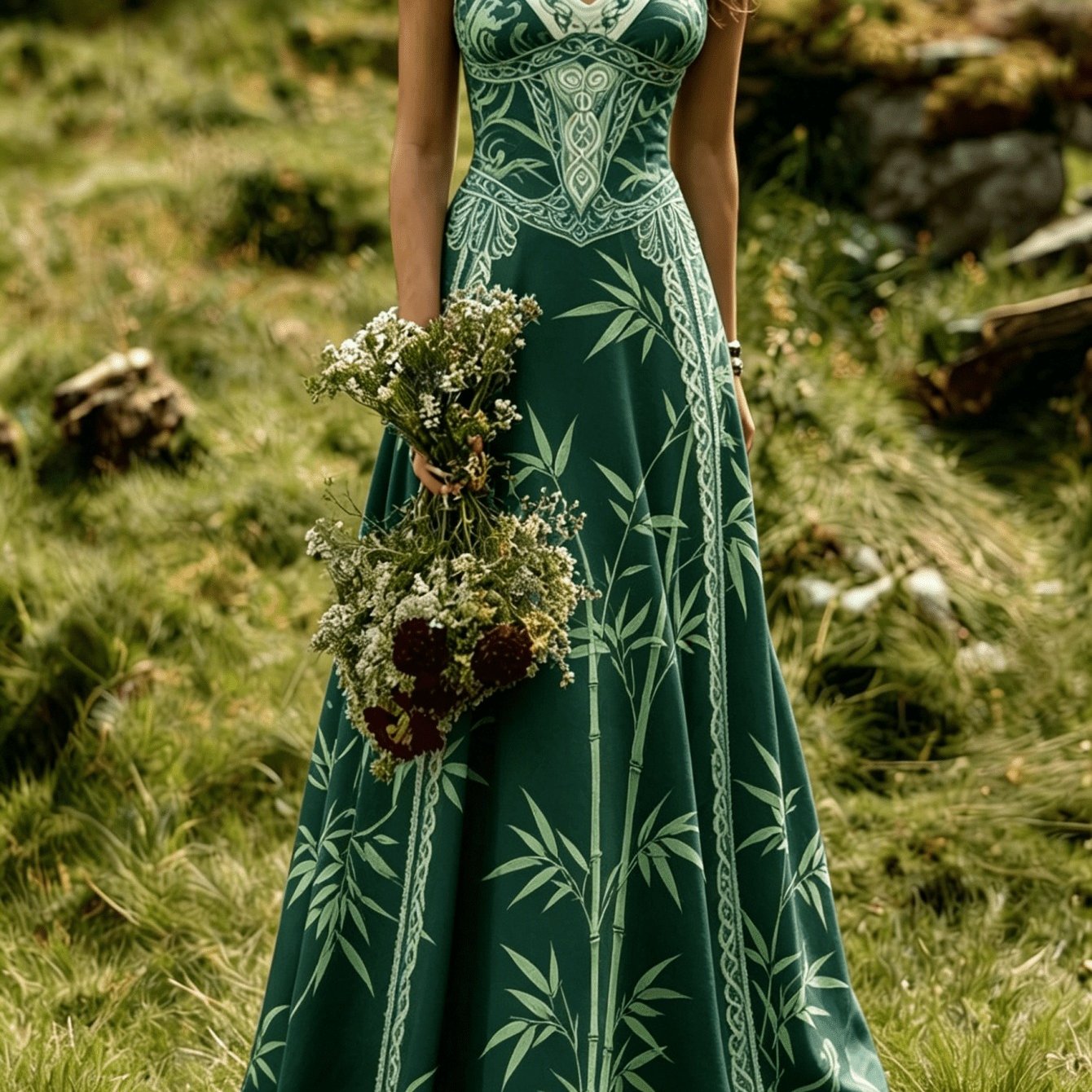 Image of Women's 2026 Celtic Bamboo Print V-neck Sleeveless Maxi Dress - A-line Flowy Beach Wedding Guest Dress, Party Evening Gown With Suitable For Banquets, Vacations & Daily Wear