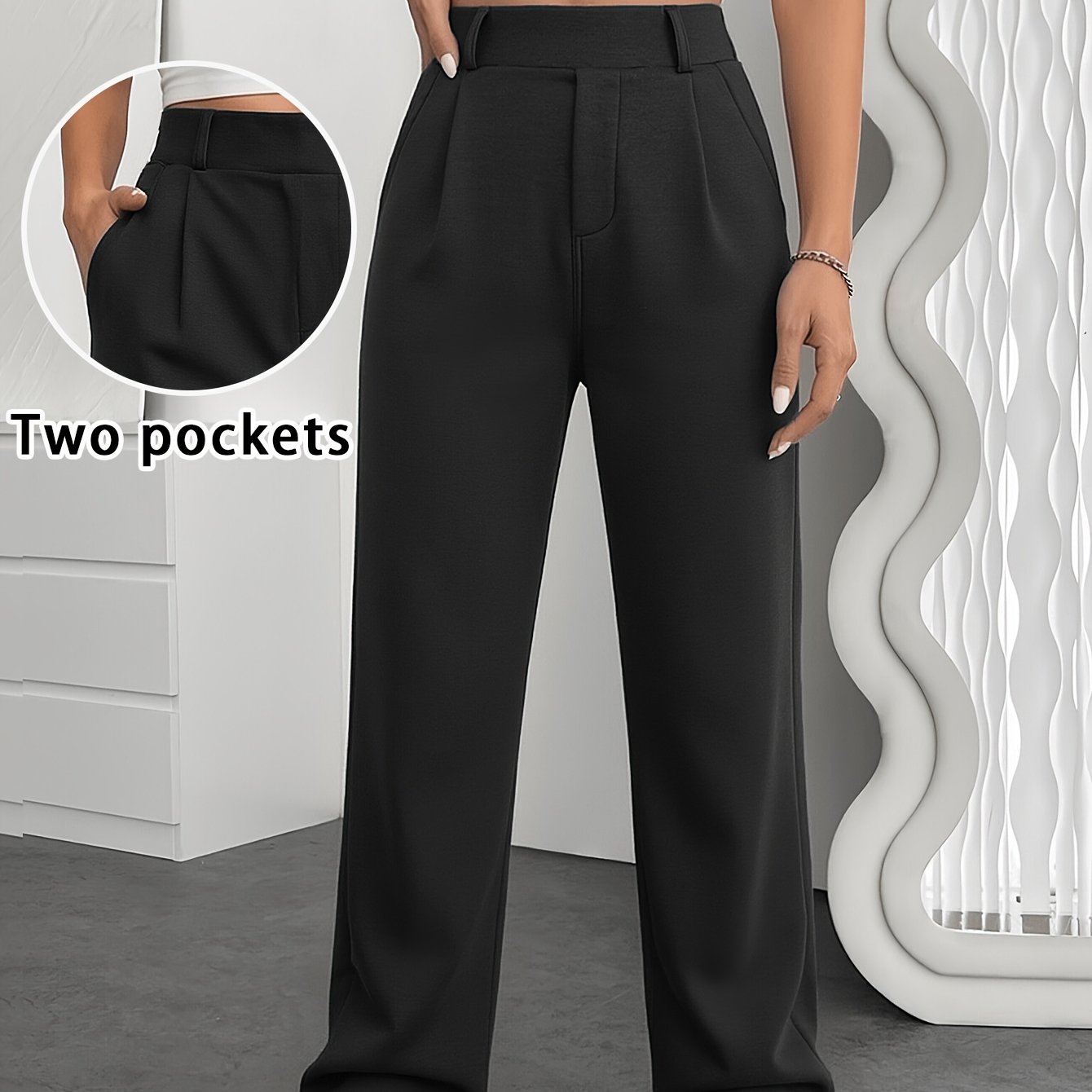 TEMU Women's High-waisted Stretch Suit Pants With Elastic Waistband - Straight-leg Draped Trousers, Beltless & 2- Solid Color Pants Suitable For