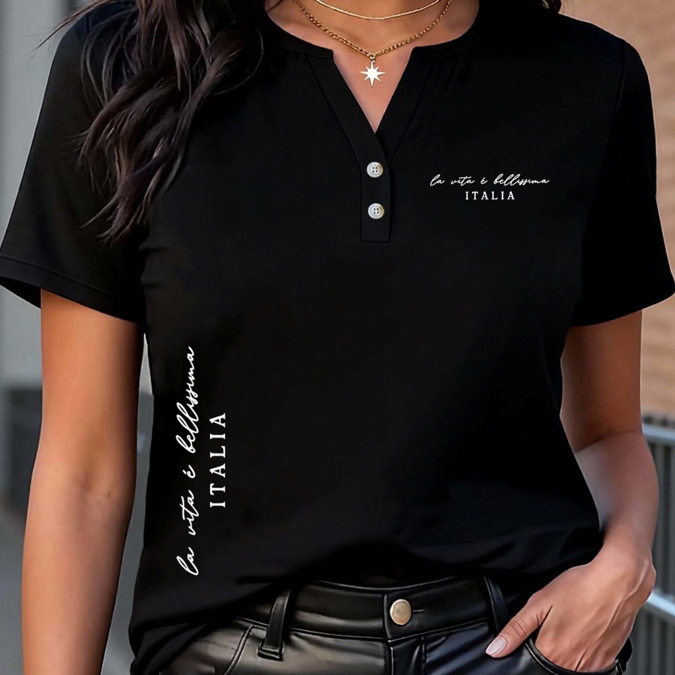TEMU Artistic Letter Print With 2 Patterns, V-neck, And Henley Tie-button Sexy Design Women's T-shirt, Suitable For (spring, Summer, Autumn, Winter).