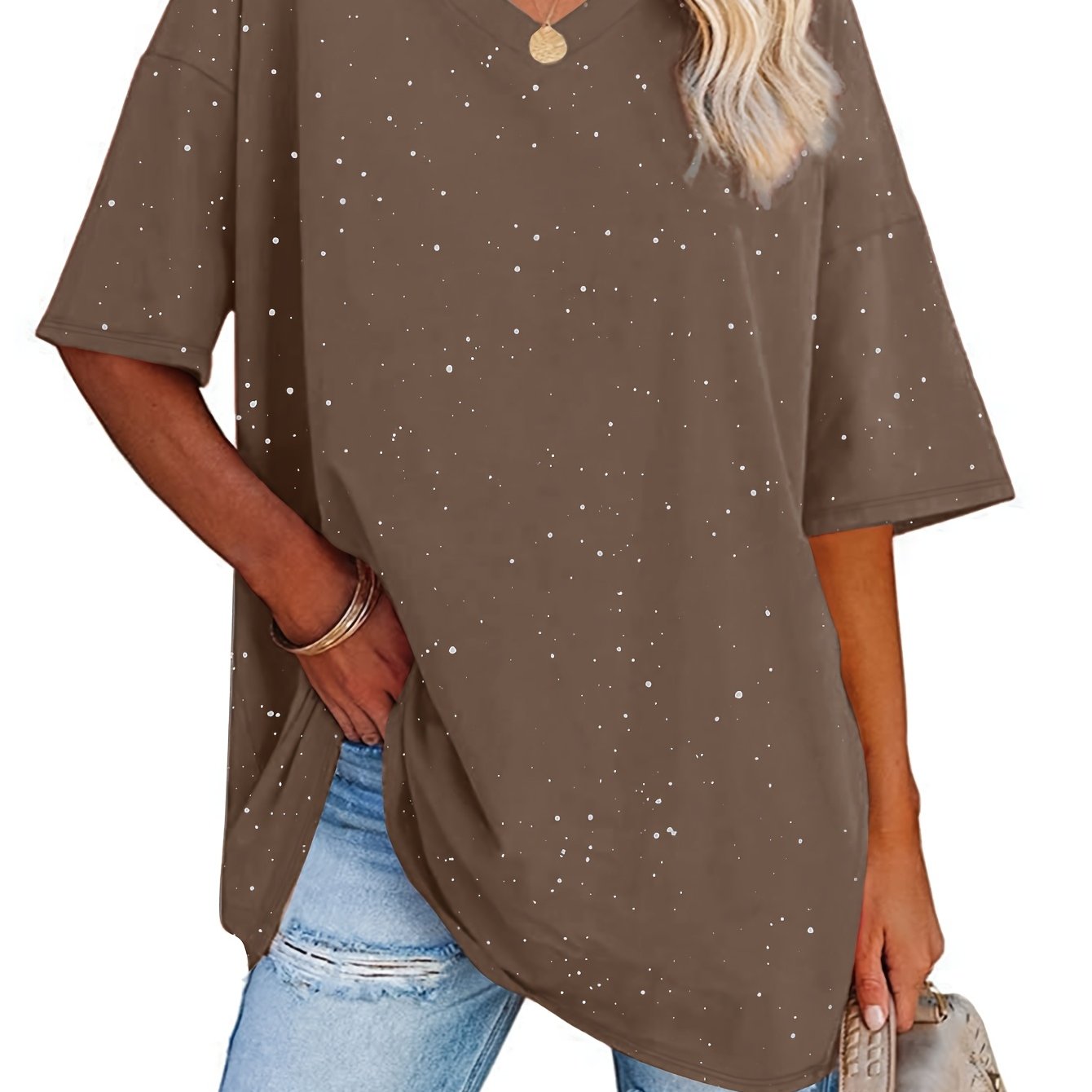 E-shop Plus Size, Cross-Border Europäisch-Amerikanische Damenmode Frühling/Sommer Neues Glänzendes V-Ausschnitt Bequemes Kurzarm-Oberteil