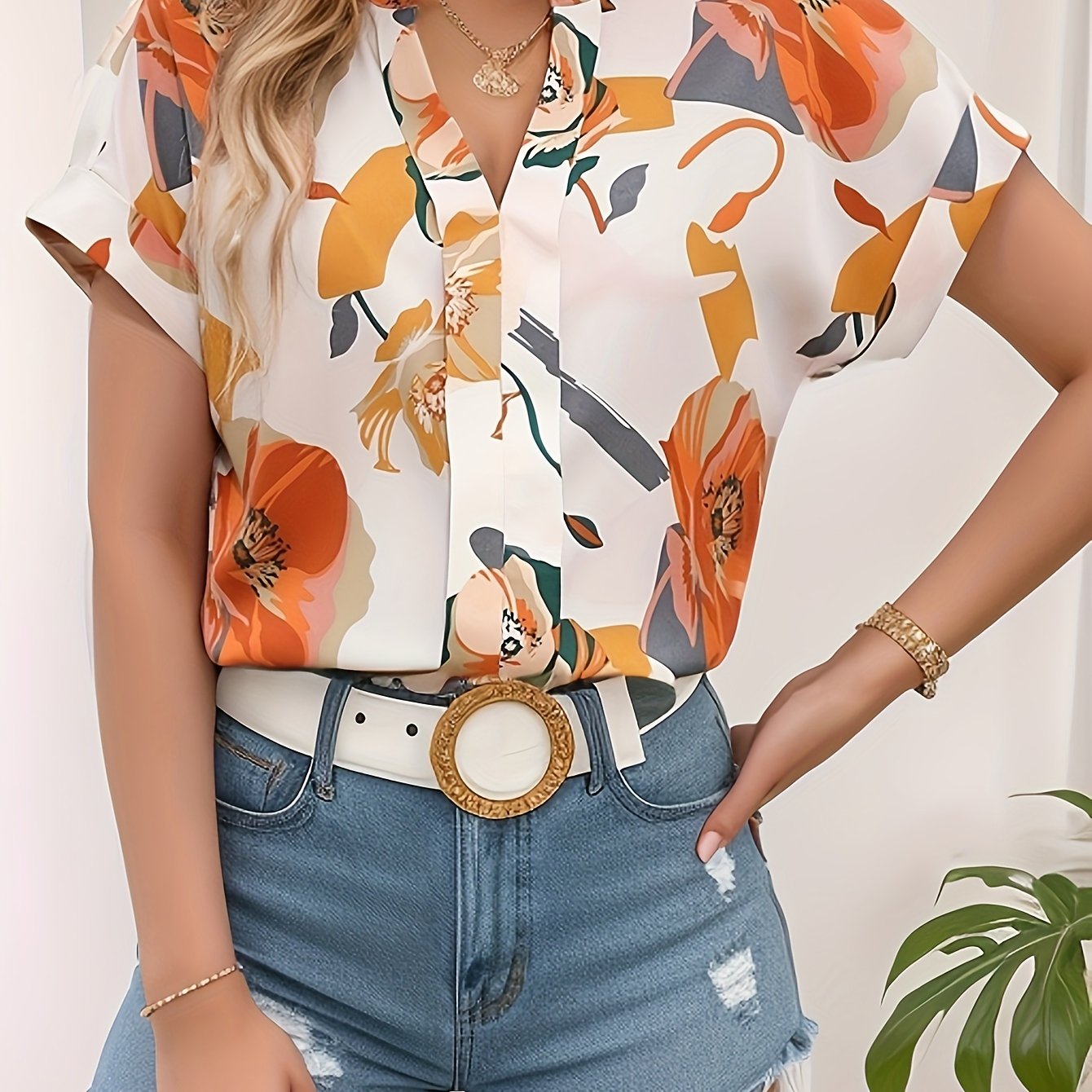 TEMU Floral Print V Neck Blouse, Elegant Short Sleeve Top For Spring & Summer, Women's Clothing
