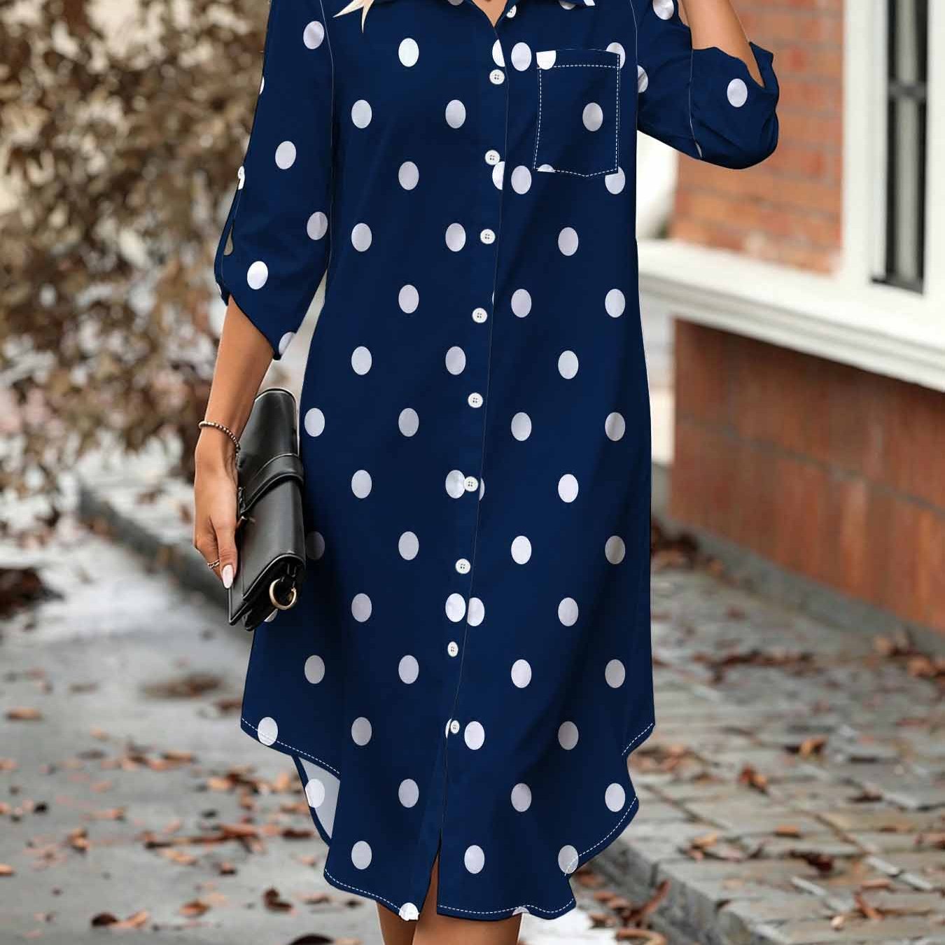 Image of Plus Size, Plussize Women's Polka Dot Print Shirt Dress, Collar, Aline Midlength With 3/4 Sleeves, Collar And Buttons, Vintage Elegant Style Shirt Dress With Chest Pocket.
