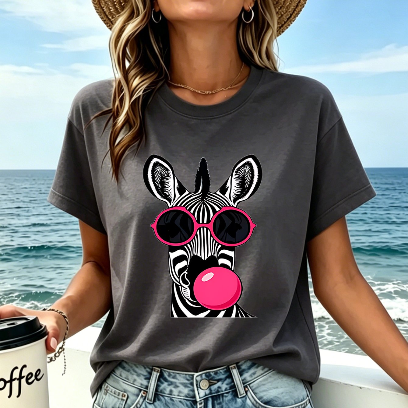 TEMU Women's Fashion Round Neck Printed T-shirt: A Zebra With Black And , Wearing Round-frame Fashion Glasses, Blowing A Giant Pink Bubblegum, In A