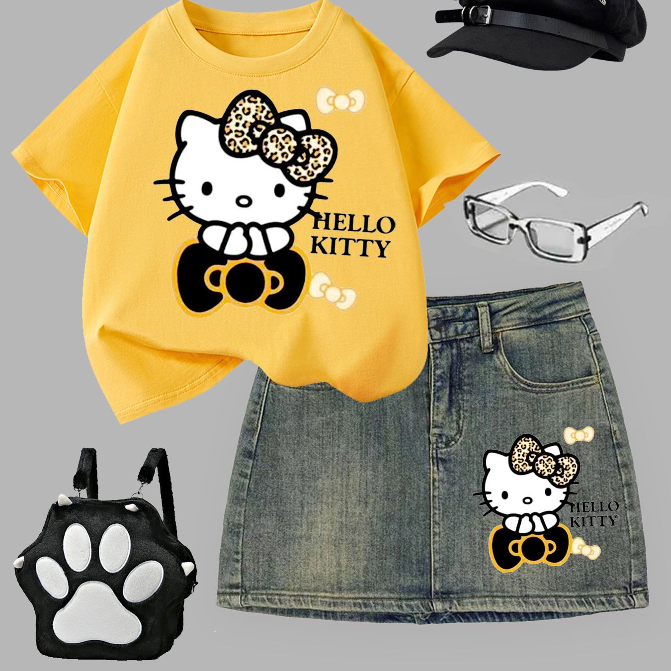 TEMU Hello Kitty Girls Denim Outfit Set - Cute Printed Short Sleeve T-shirt And Vintage Denim Mini Skirt 2pcs, Summer Casual Party Birthday Clothes,
