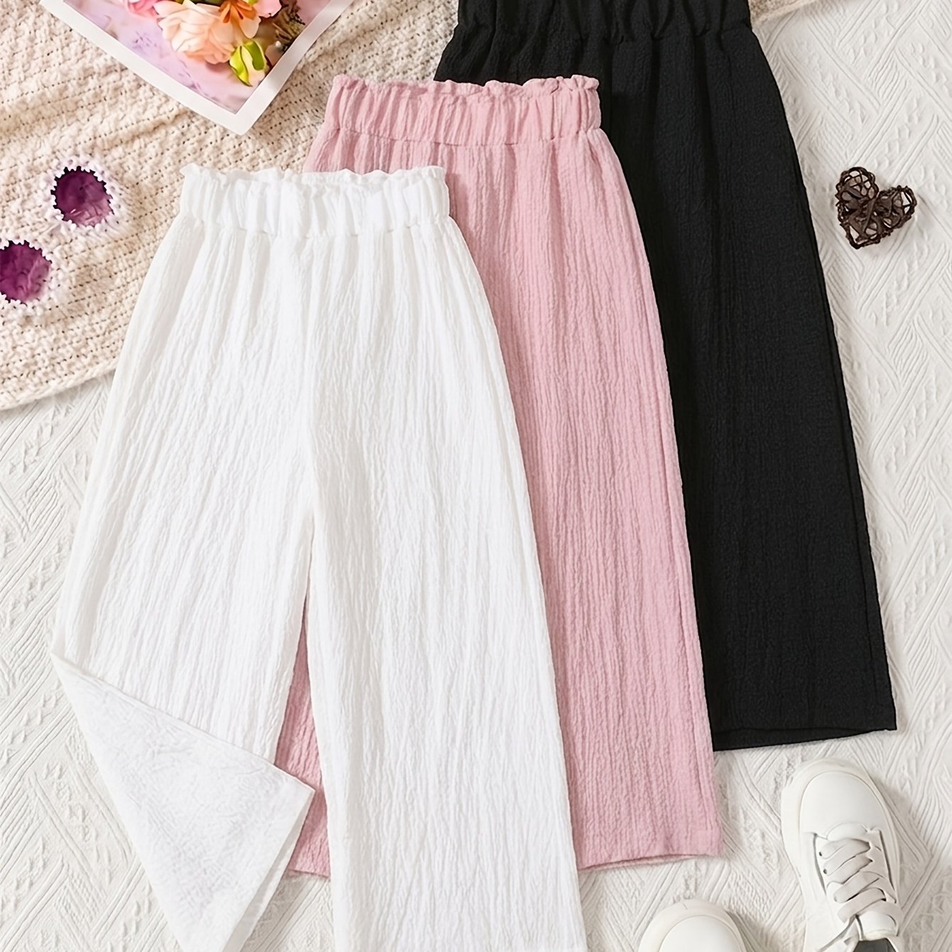 TEMU 3pcs Girls' Macaron Wide-leg Pants, Elastic Waist Breathable Casual Trousers, Solid Color Comfortable Long Pants, For Outdoor, Christmas,