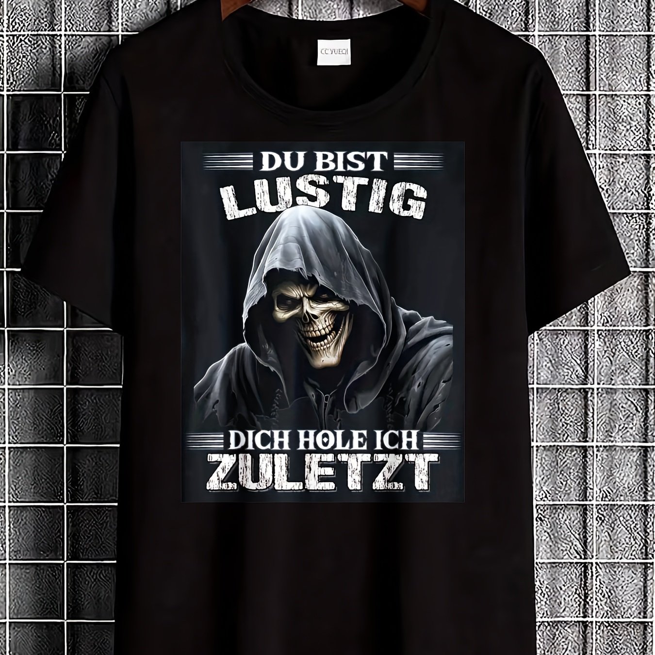 Image of Gothic Horror Style Men's T-shirt Reaper Graphic With German Text For Casual Wear Autumn Gift For Him, Plus Size