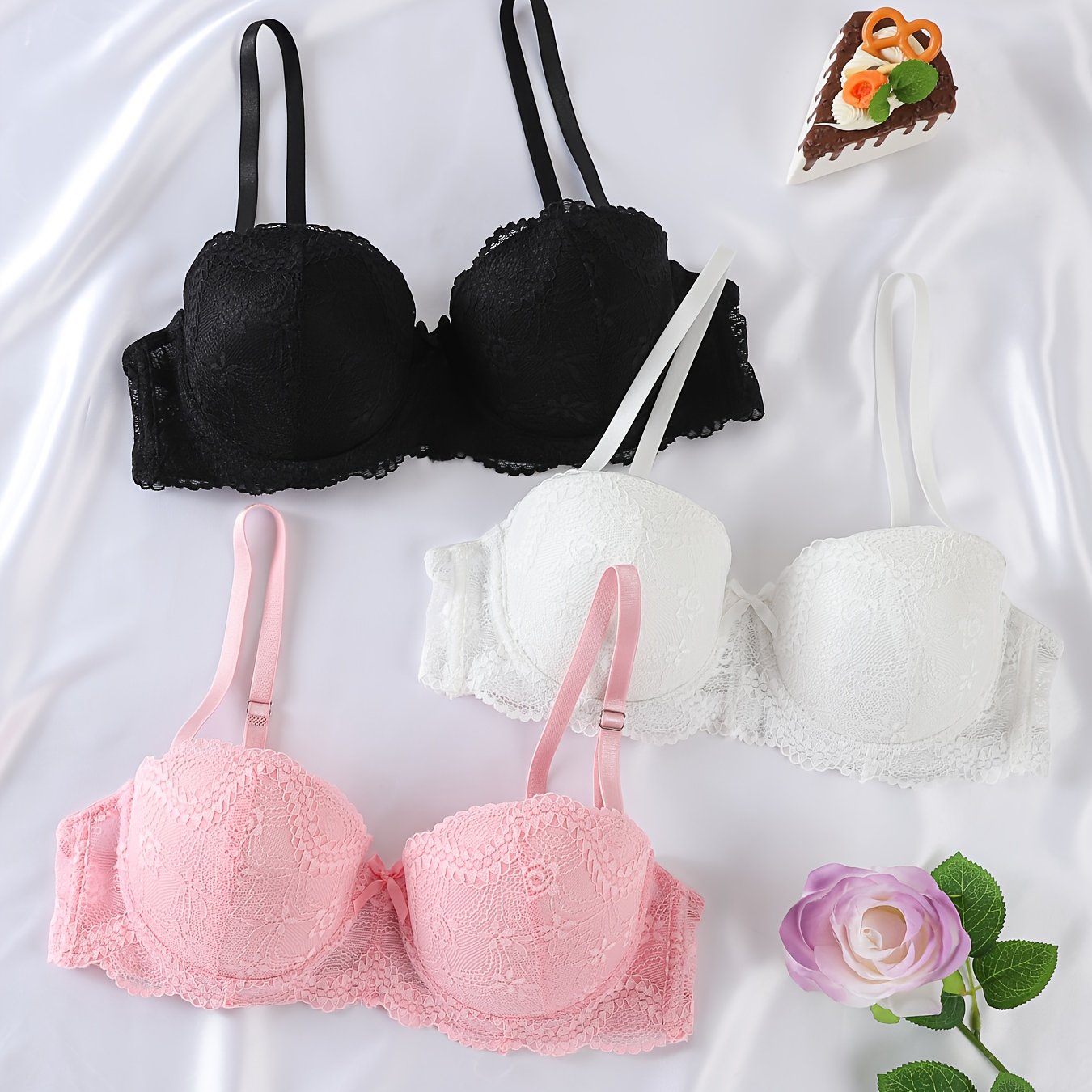 E-shop 3-teiliges Set, Western Sexy Dessous, Halb--Spitze Push-Up Anti-Sag BH