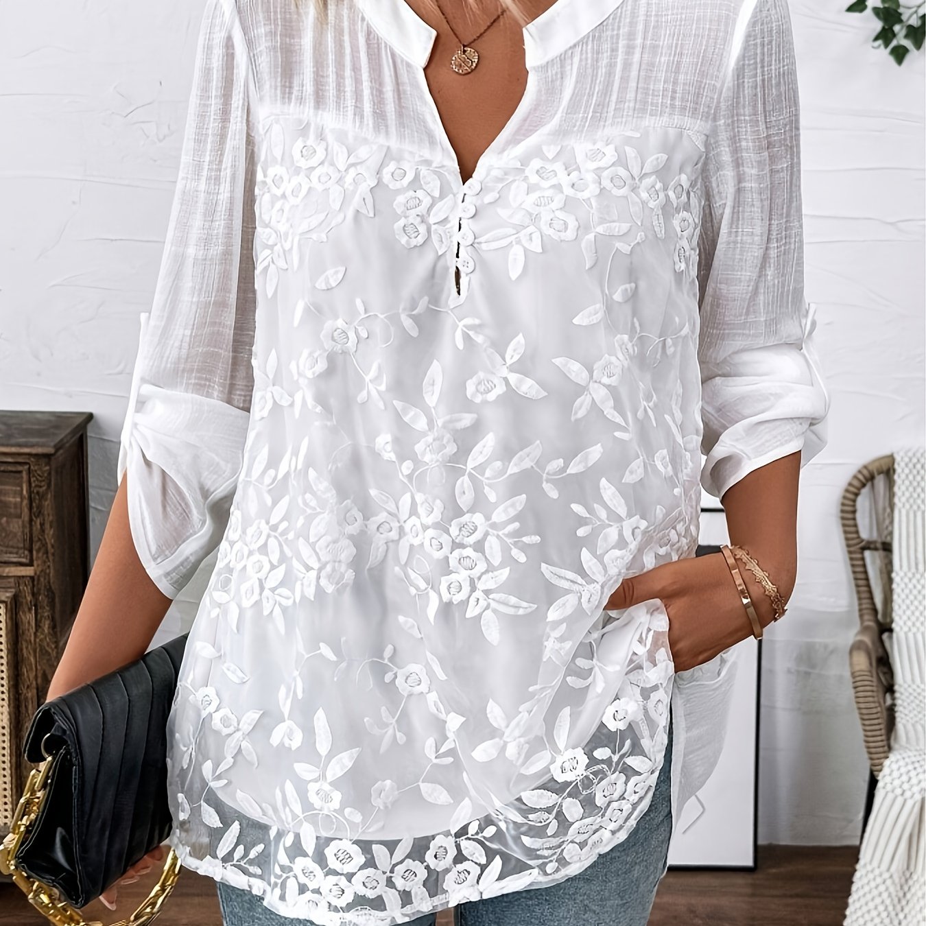 E-shop Xijuanzhu Neues Langarmshirt mit V-Ausschnitt, besticktes Spitzen-Patchwork, Netzstickerei, elegant , lässig für Frühling, Sommer Herbst