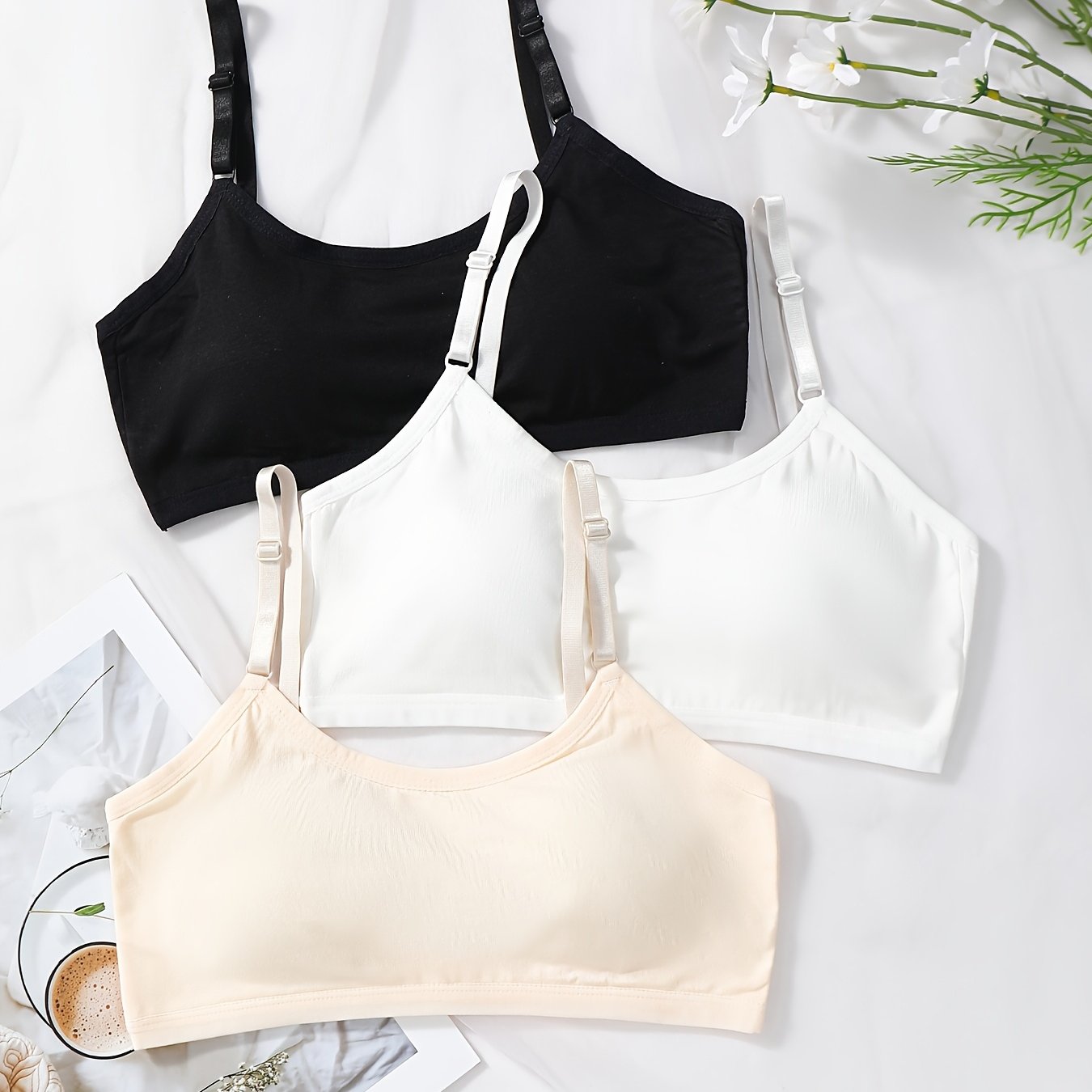 3pcs Girls Training Underwear Plain Simple Fixed Chest Pad Adjustable Shoulder Strap Girl Bra