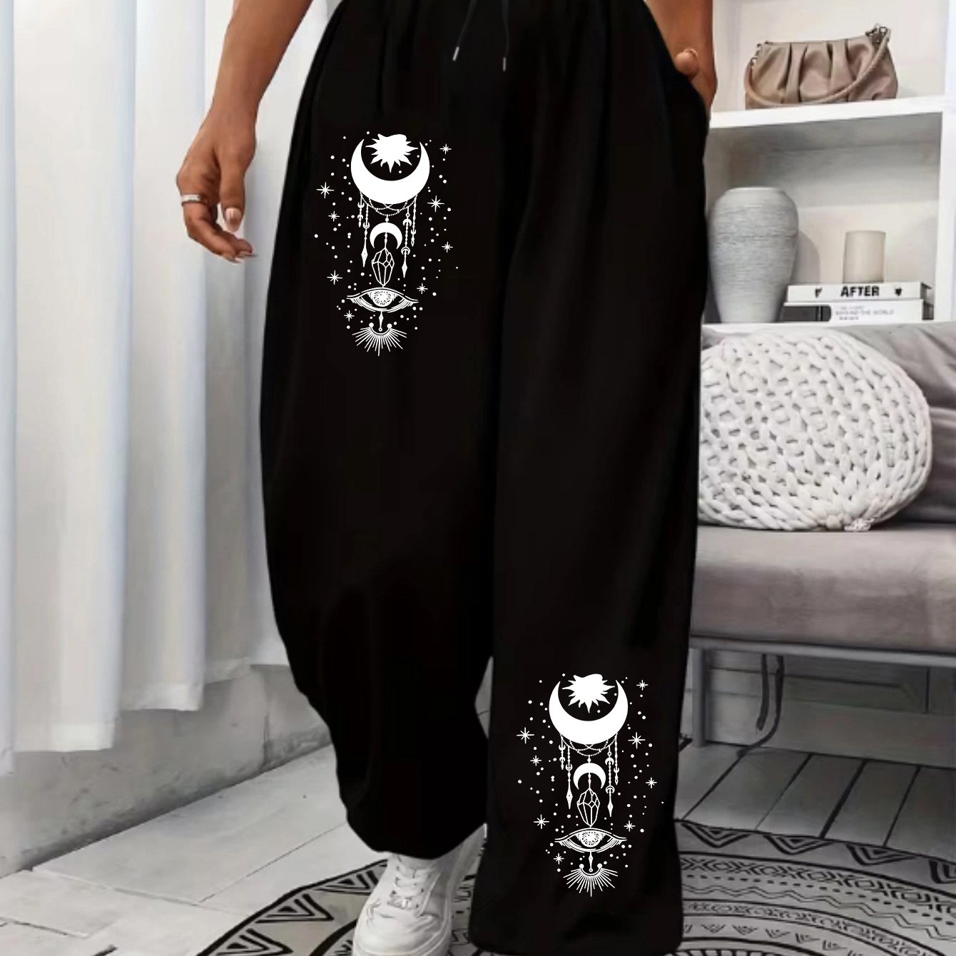 TEMU Star Dream Catching Network Printing, Ladies Plus Size Loose Sweatpants, Slim And Casual Waist-tied Trousers, Machine Washable-high Quality