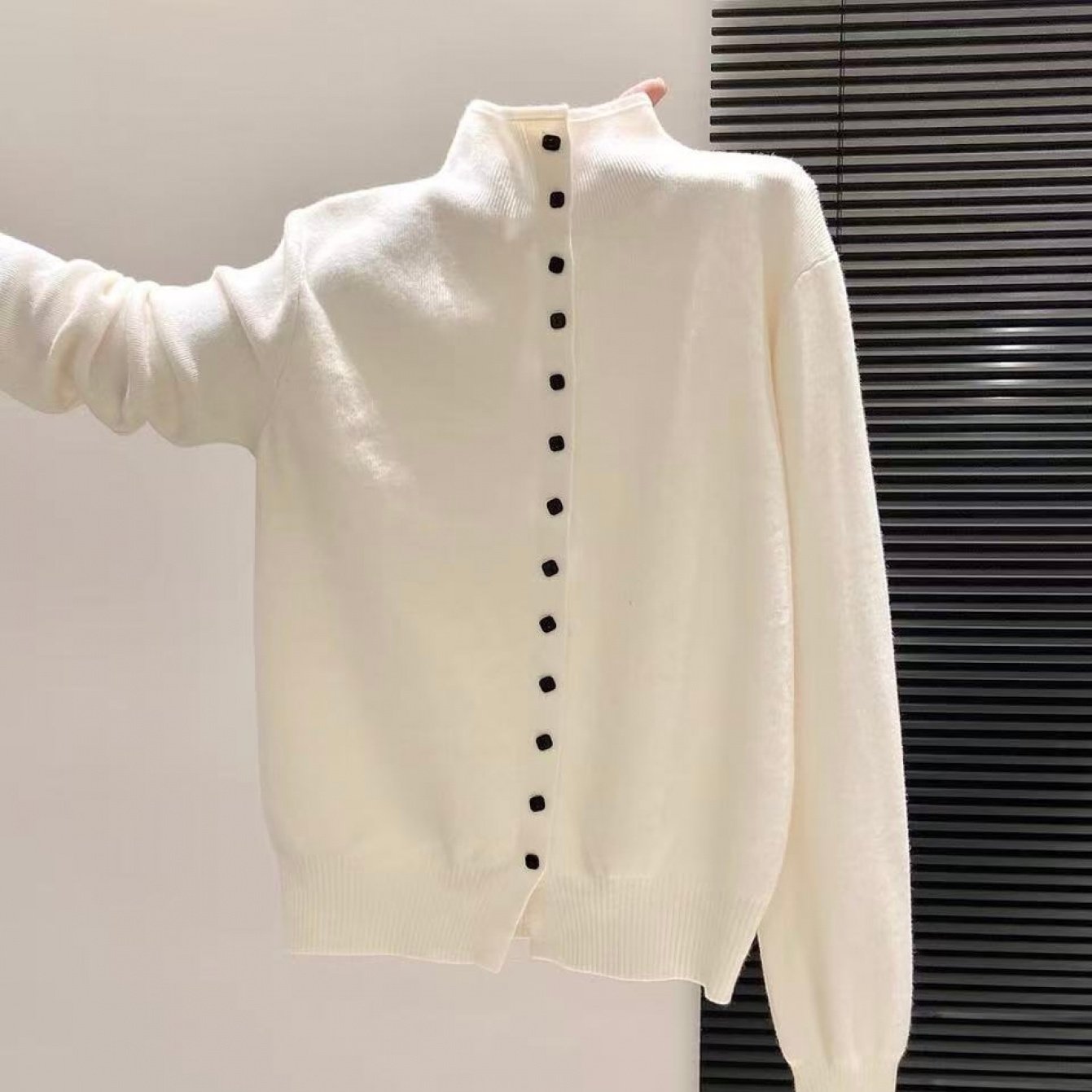 TEMU Elegant High Collar Square Button Cardigan, Premium Commuter Women's Fabric Cardigan, Basic Layering Cardigan For Daily Commuting, Autumn Winter