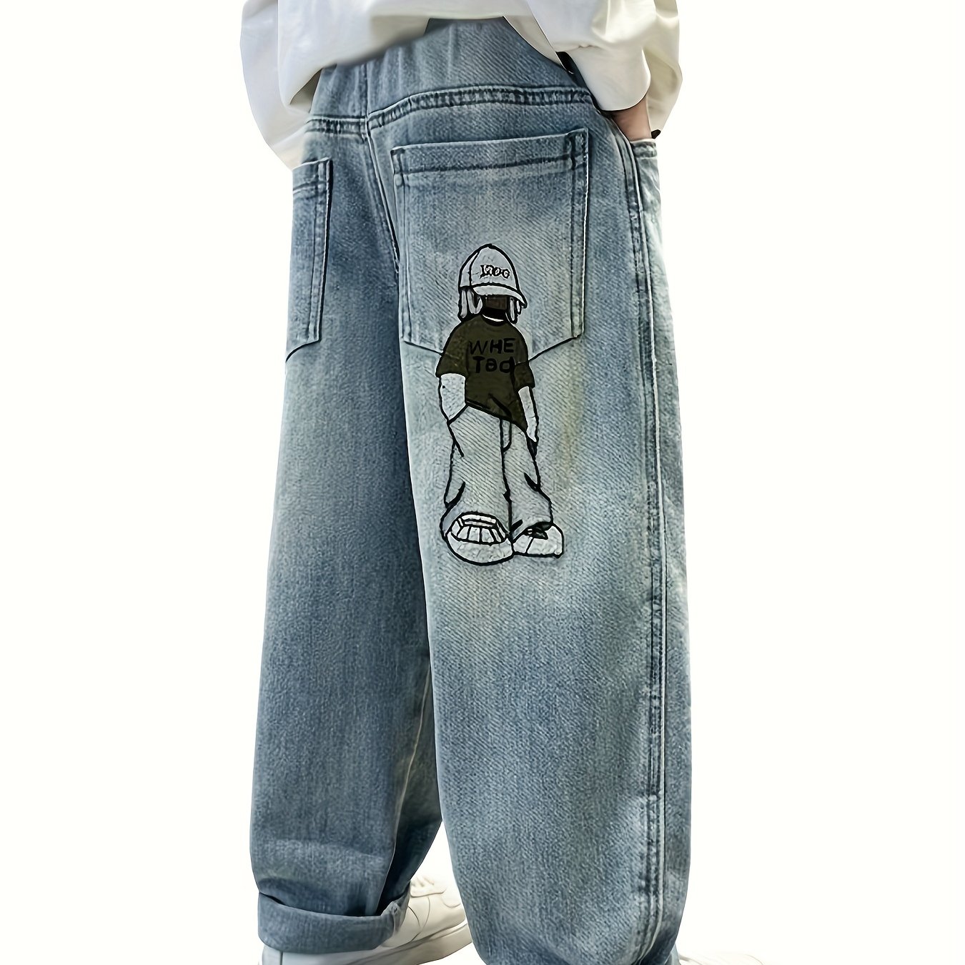 Image of 2025 , Summer, Autumn And Winter Boys' Jeans, Big Straight And Loose Jeans - Embroidered Cartoon Hat Boy Pattern