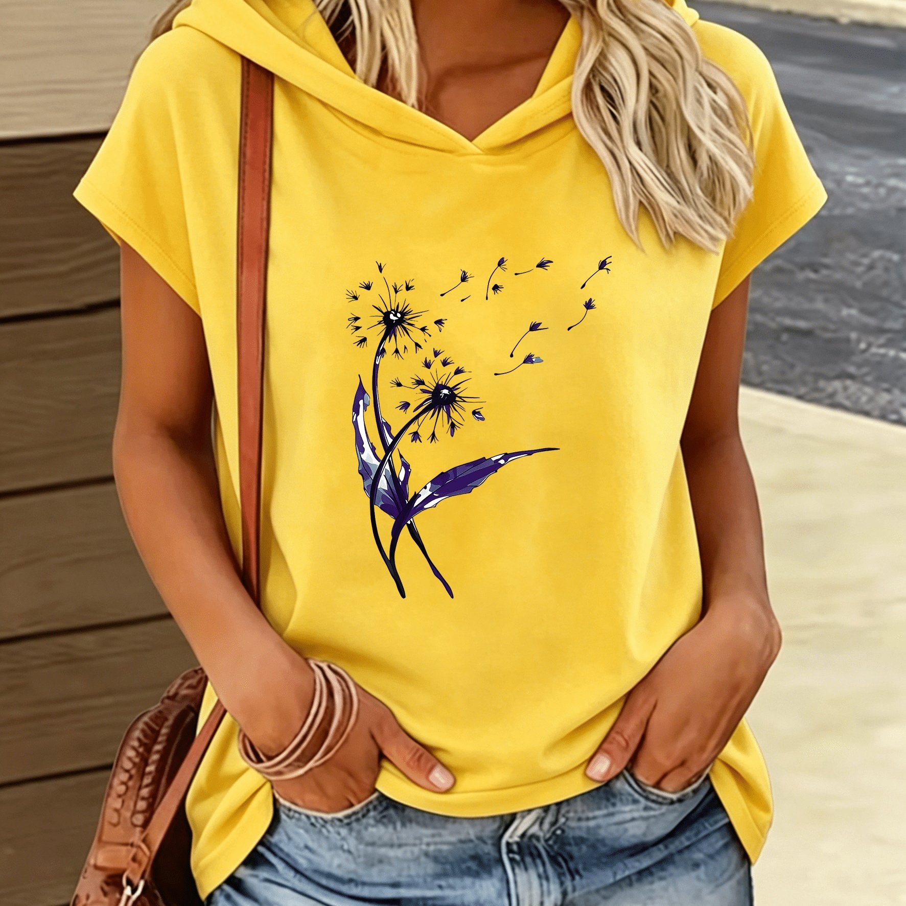 TEMU Women's Y2k Summer Hooded T-shirt Top With Dandelion Print - Loose-fit Blowing Seed Design, Elastic Hood & Casual Sportswear Blouse-compatible