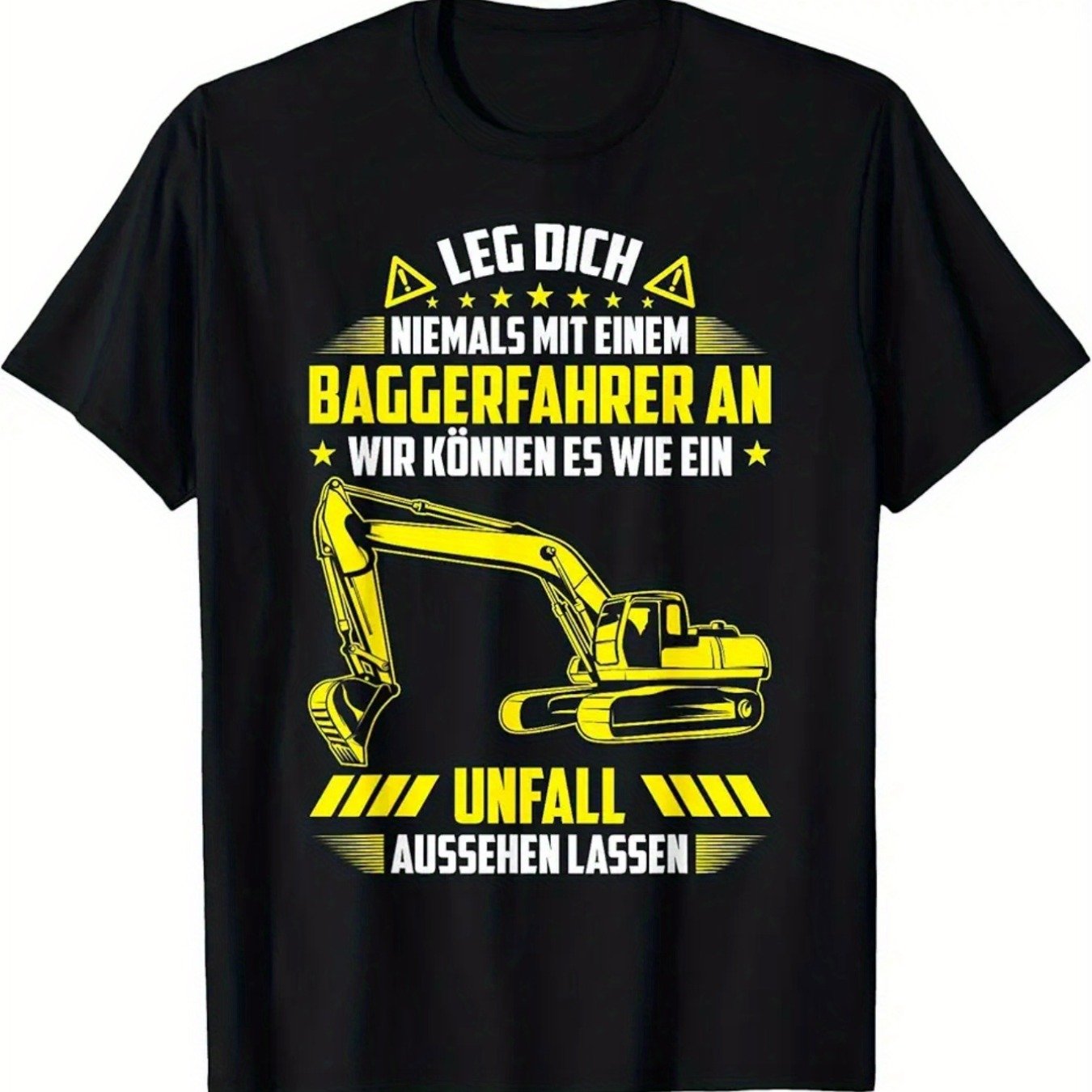 Image of Men's Never Mess With Digger Driver T-shirt - German Text & Yellow Excavator Print, Black Construction Worker Tee, Fit Casual Short Sleeve Shirt For Heavy Equipment