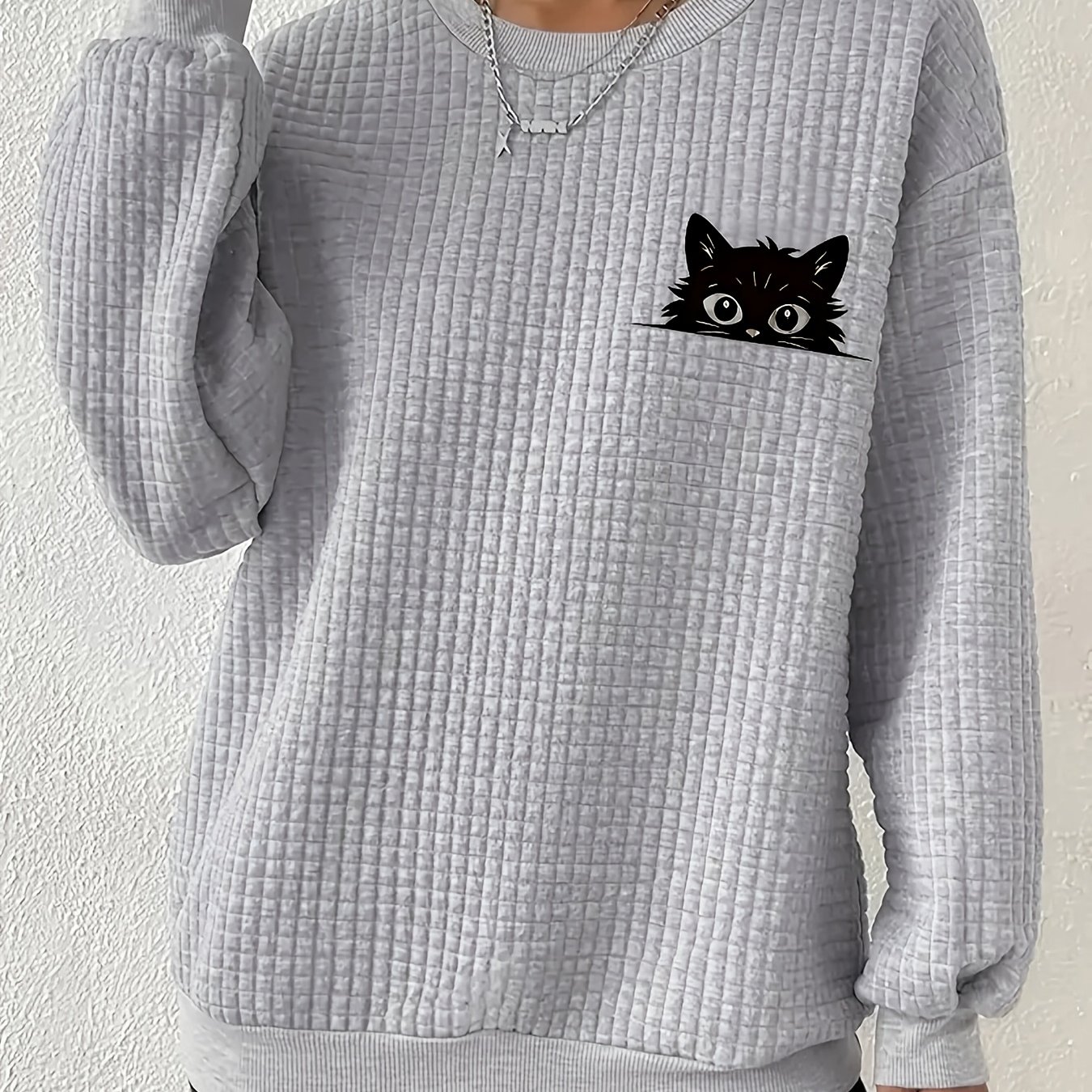 Plus Size Women's Casual Waffle Cat Print Sweatshirt - Geometric Pattern Long Sleeve Round Neck Pullover, Machine Washable Cozy Fall Winter Top, Cat Sweatshirt, Textured Fabric