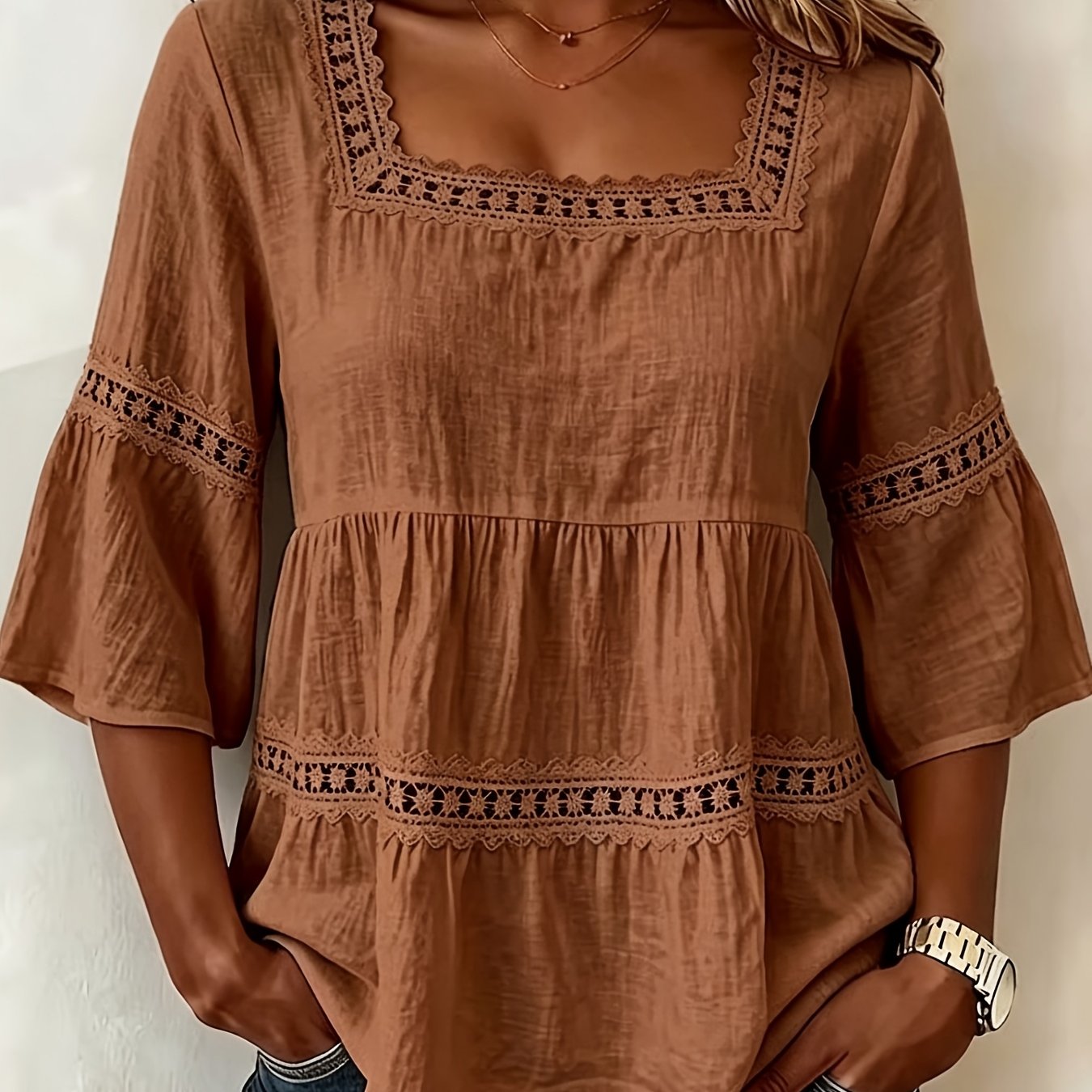 Summer Solid Color Casual Square Neck Trim Three-quarter Sleeve Blouse For Women