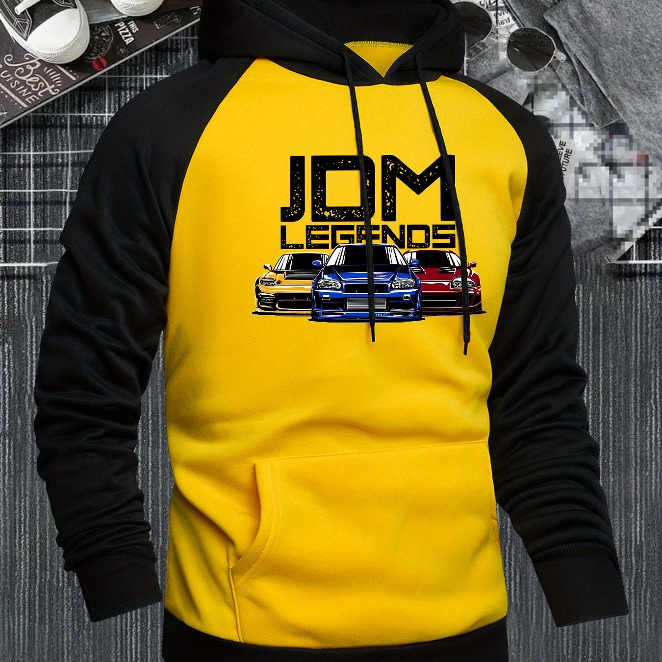 TEMU Men's Hooded Sweatshirt Featuring A Design With Jdm Car Graphics, Stylish And Versatile Colors, Combining A Hooded Style With Fashionable Raglan